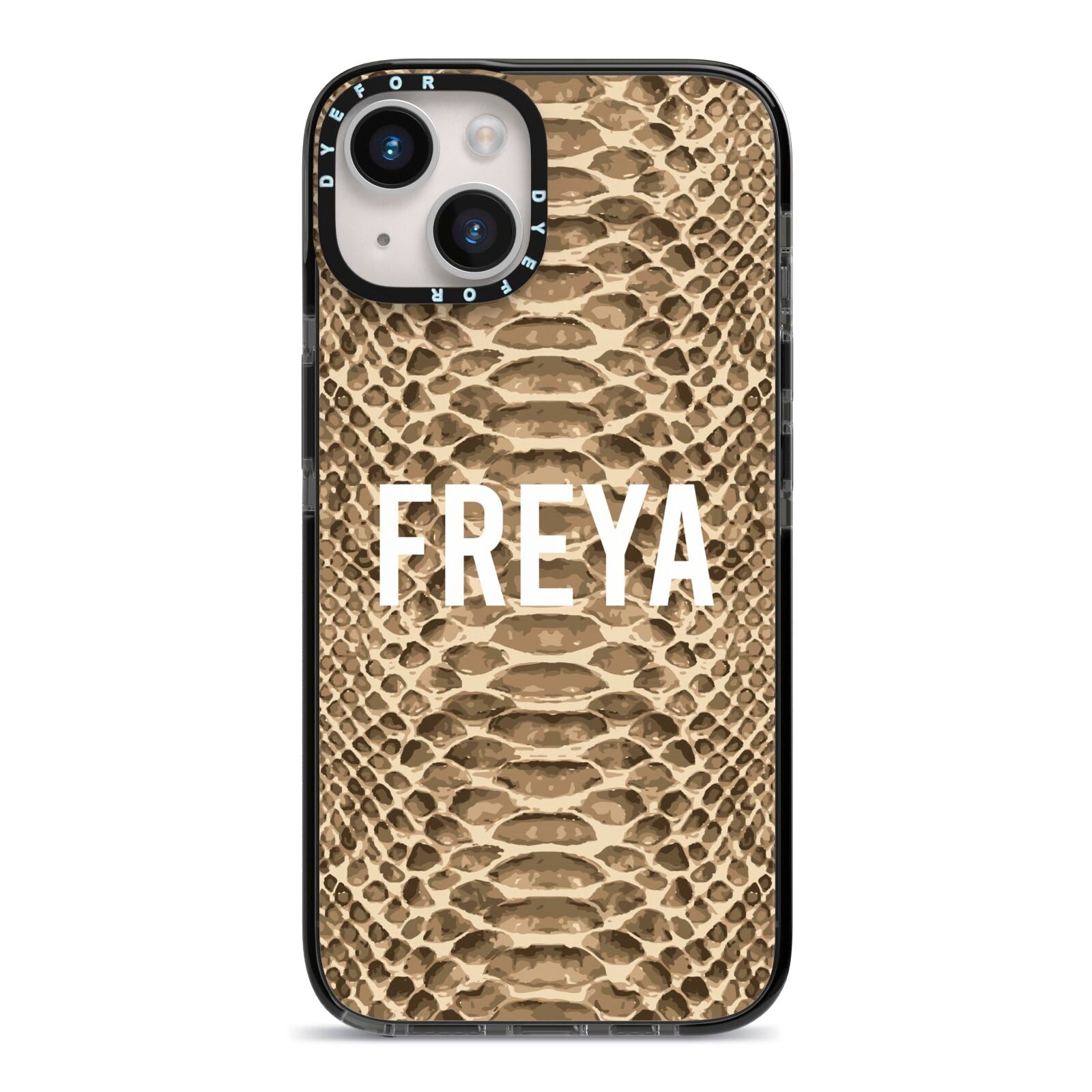 Personalised Tan Snakeskin iPhone 14 Black Impact Case on Silver phone