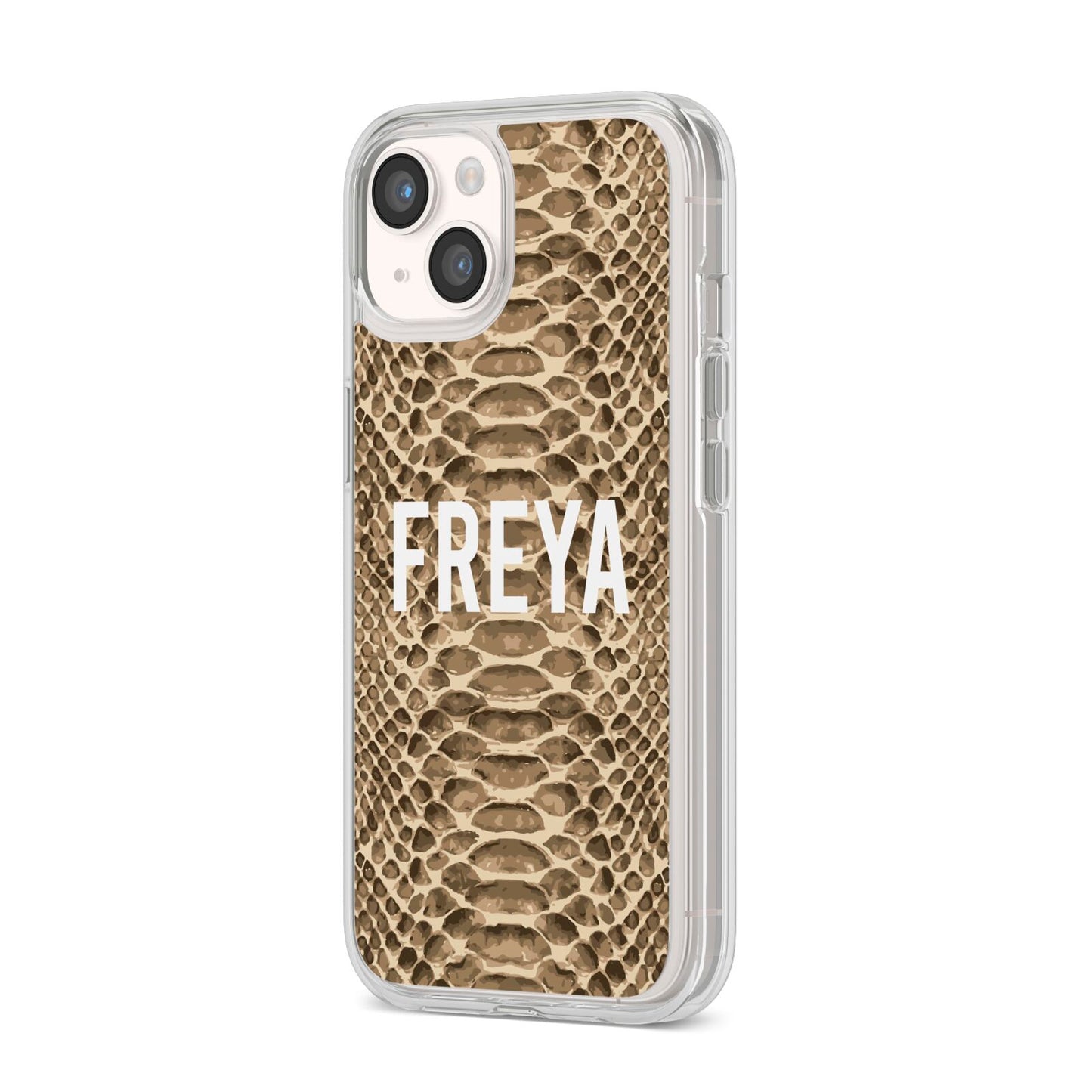 Personalised Tan Snakeskin iPhone 14 Clear Tough Case Starlight Angled Image