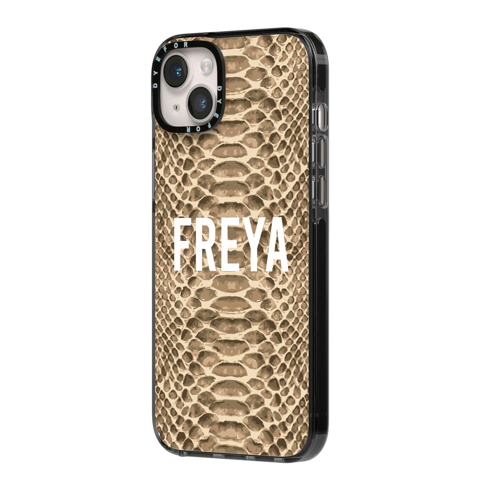 Personalised Tan Snakeskin iPhone 14 Plus Black Impact Case Side Angle on Silver phone