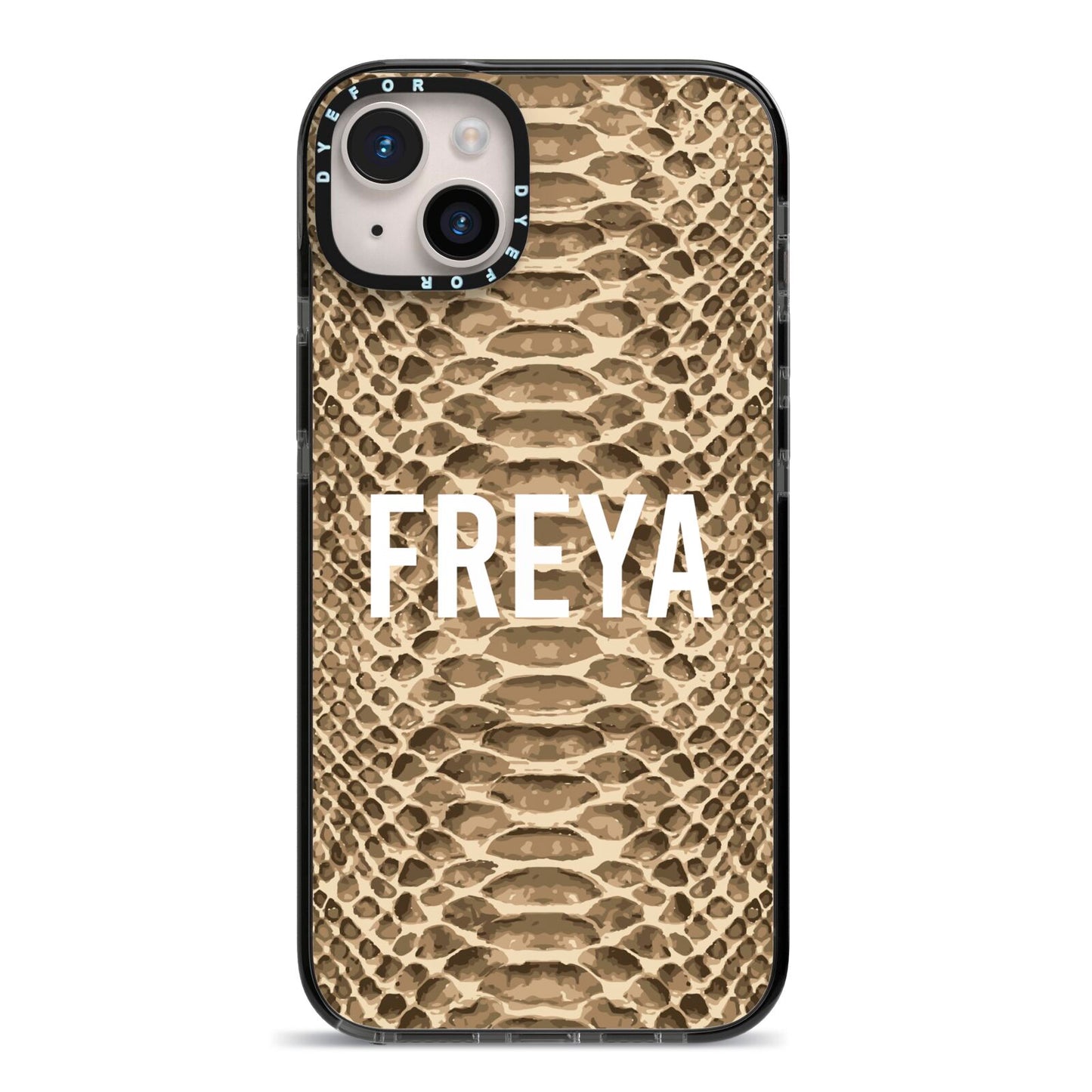 Personalised Tan Snakeskin iPhone 14 Plus Black Impact Case on Silver phone