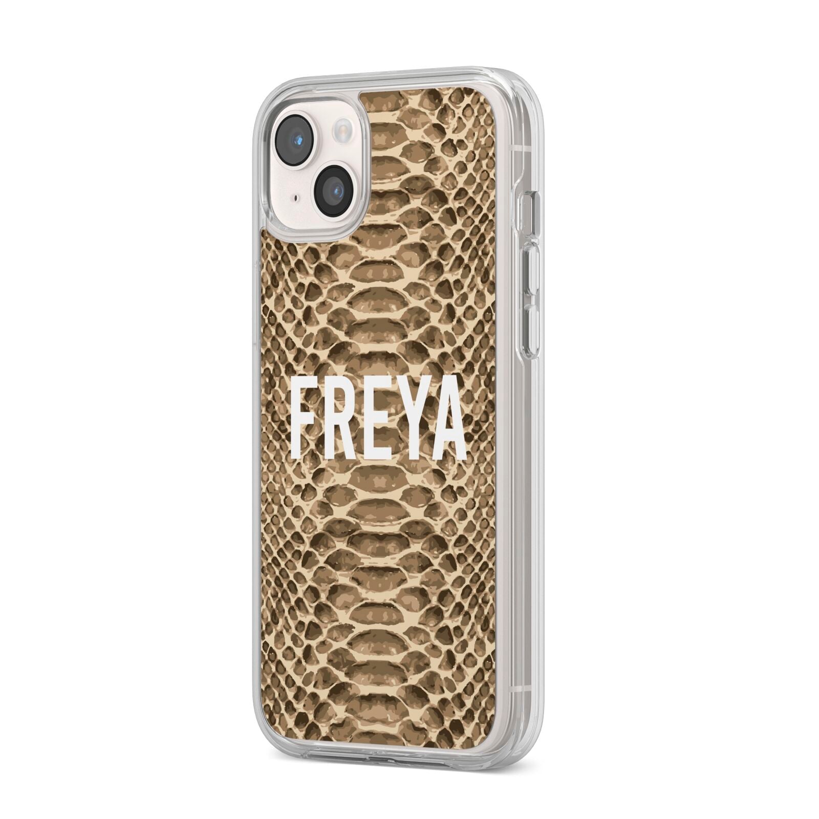 Personalised Tan Snakeskin iPhone 14 Plus Clear Tough Case Starlight Angled Image