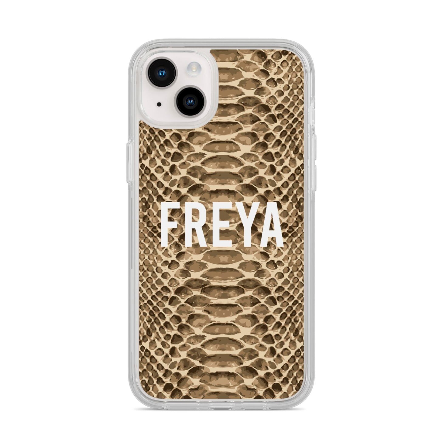 Personalised Tan Snakeskin iPhone 14 Plus Clear Tough Case Starlight