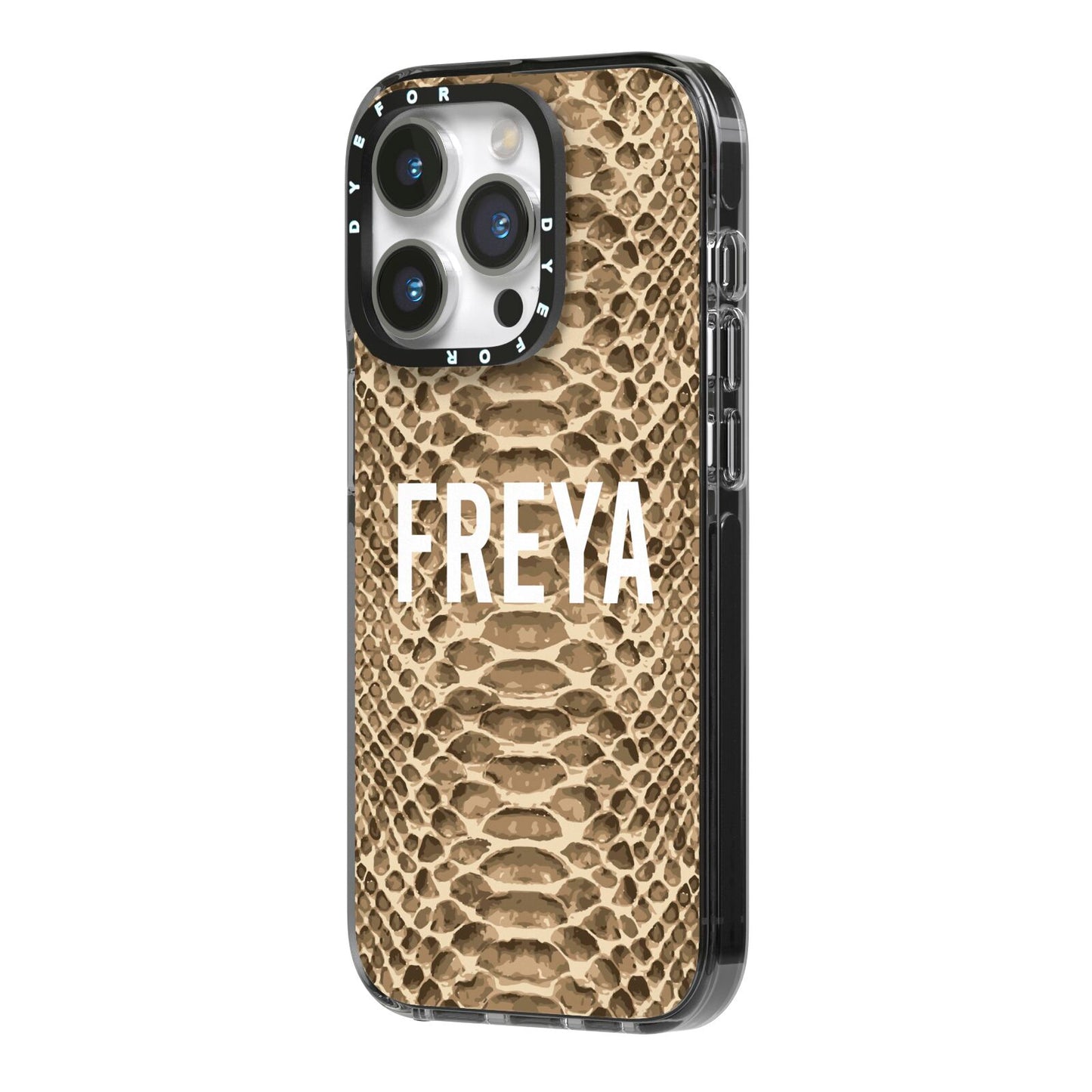 Personalised Tan Snakeskin iPhone 14 Pro Black Impact Case Side Angle on Silver phone