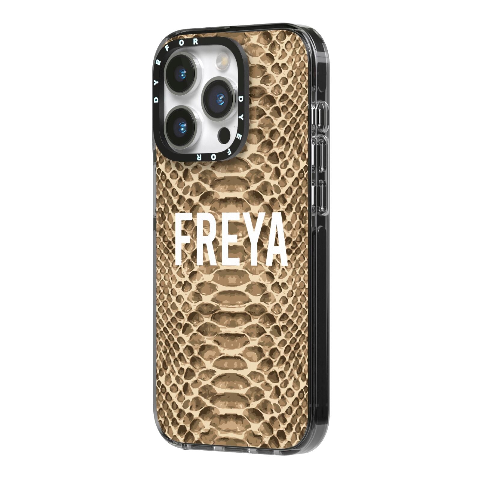 Personalised Tan Snakeskin iPhone 14 Pro Black Impact Case Side Angle on Silver phone