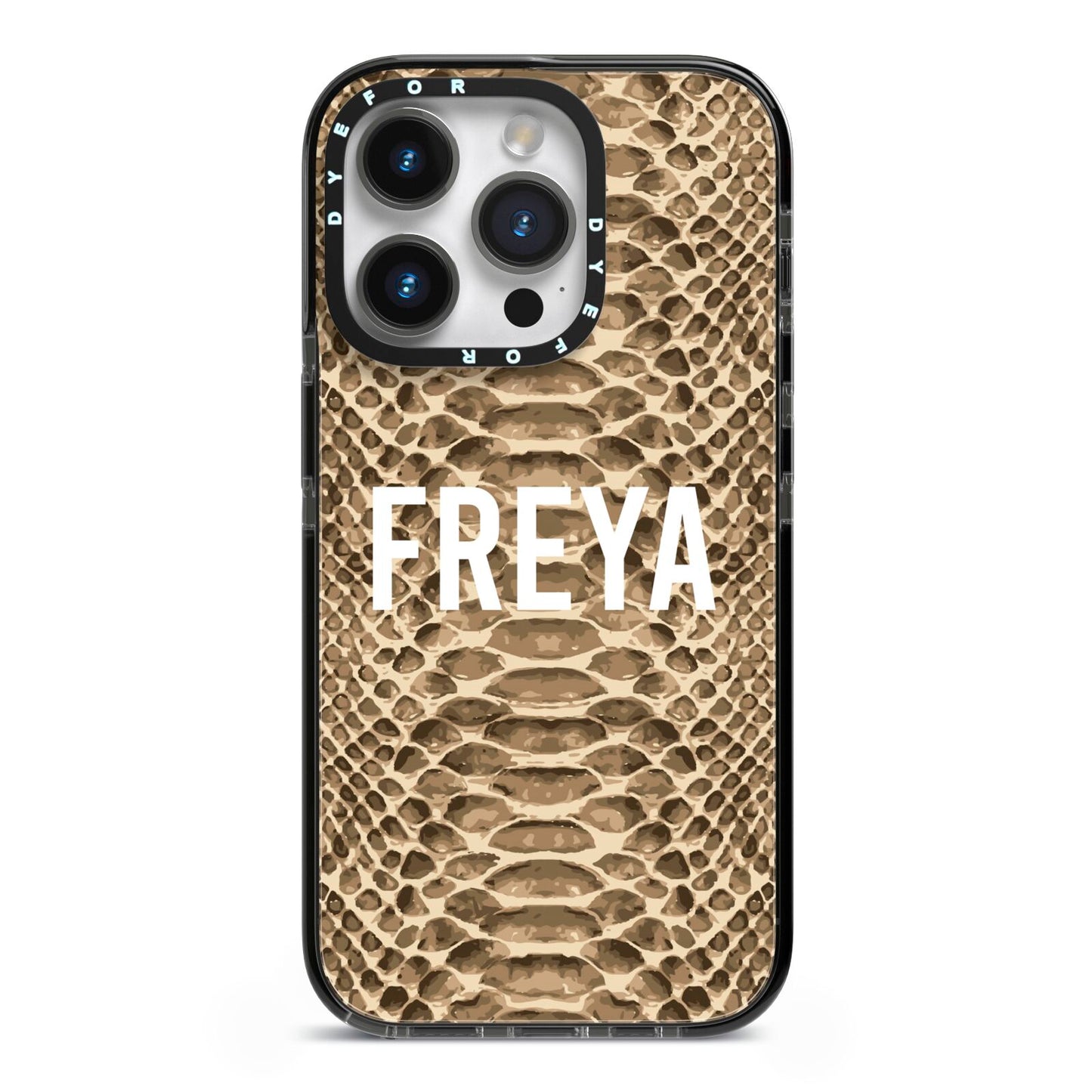 Personalised Tan Snakeskin iPhone 14 Pro Black Impact Case on Silver phone