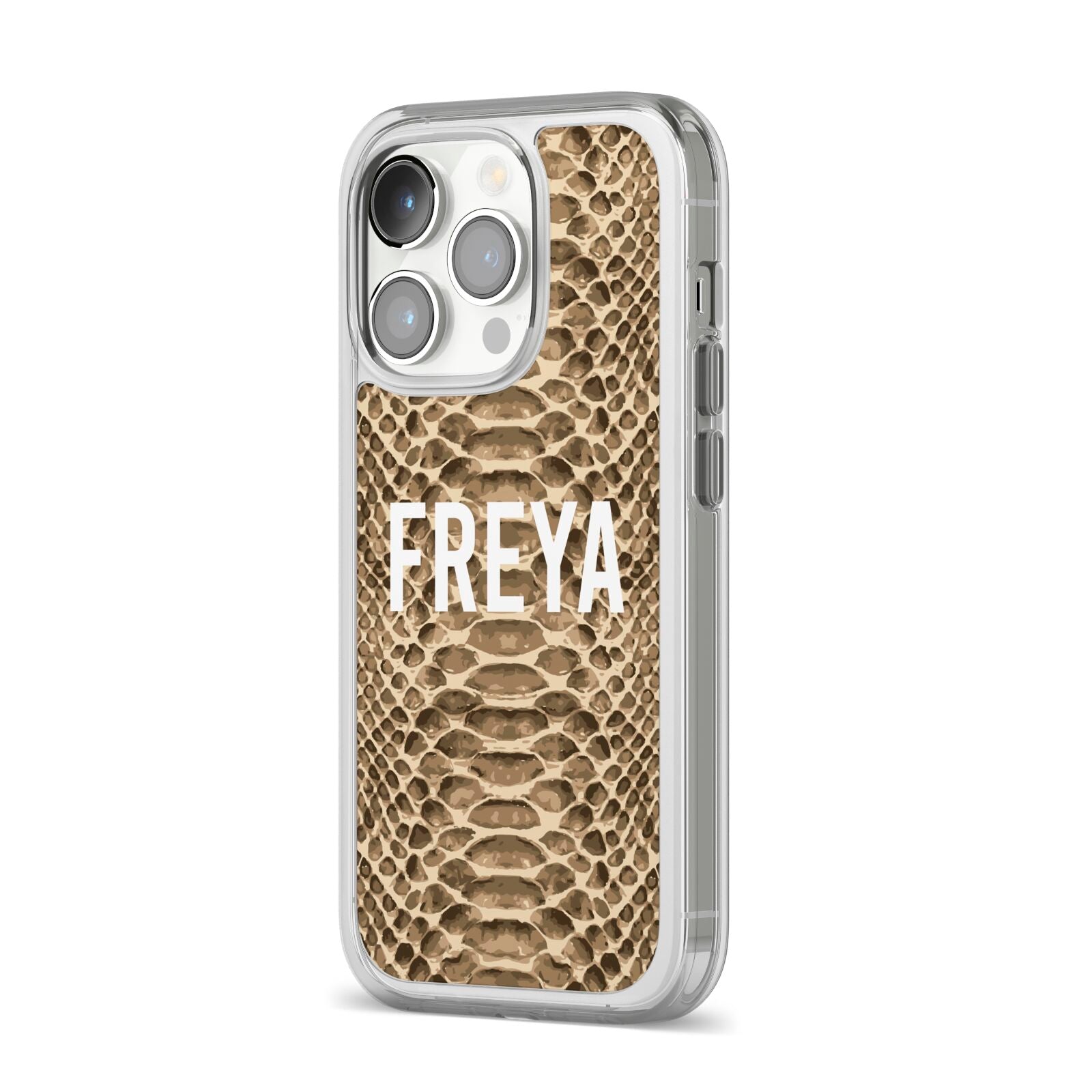 Personalised Tan Snakeskin iPhone 14 Pro Clear Tough Case Silver Angled Image