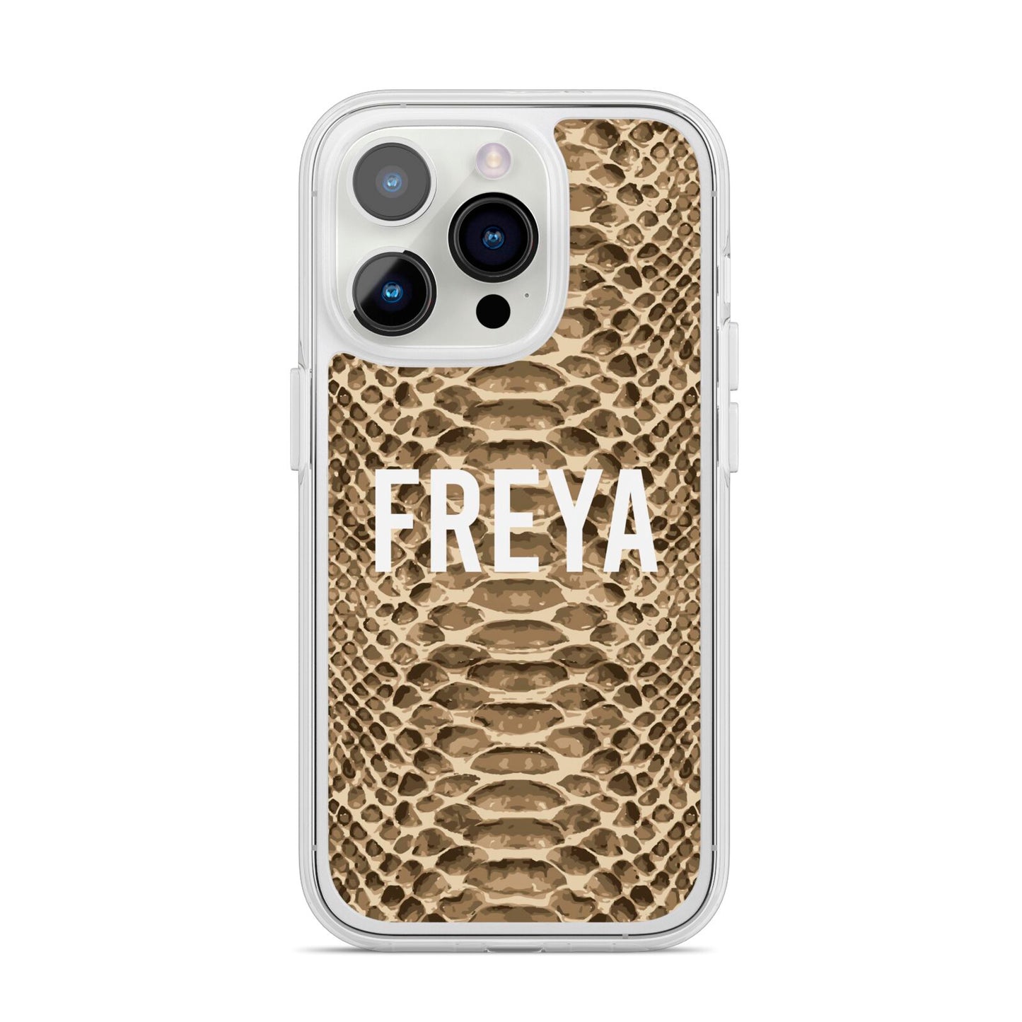 Personalised Tan Snakeskin iPhone 14 Pro Clear Tough Case Silver