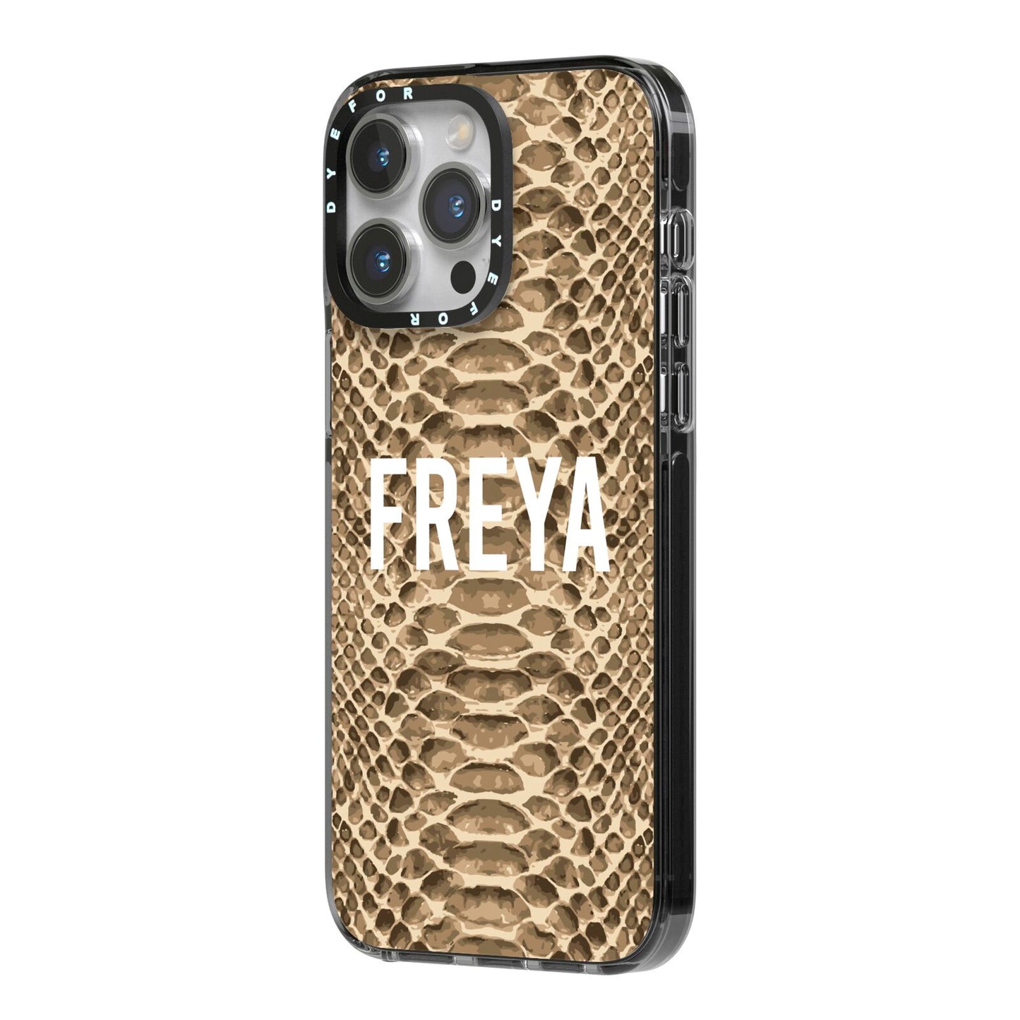 Personalised Tan Snakeskin iPhone 14 Pro Max Black Impact Case Side Angle on Silver phone