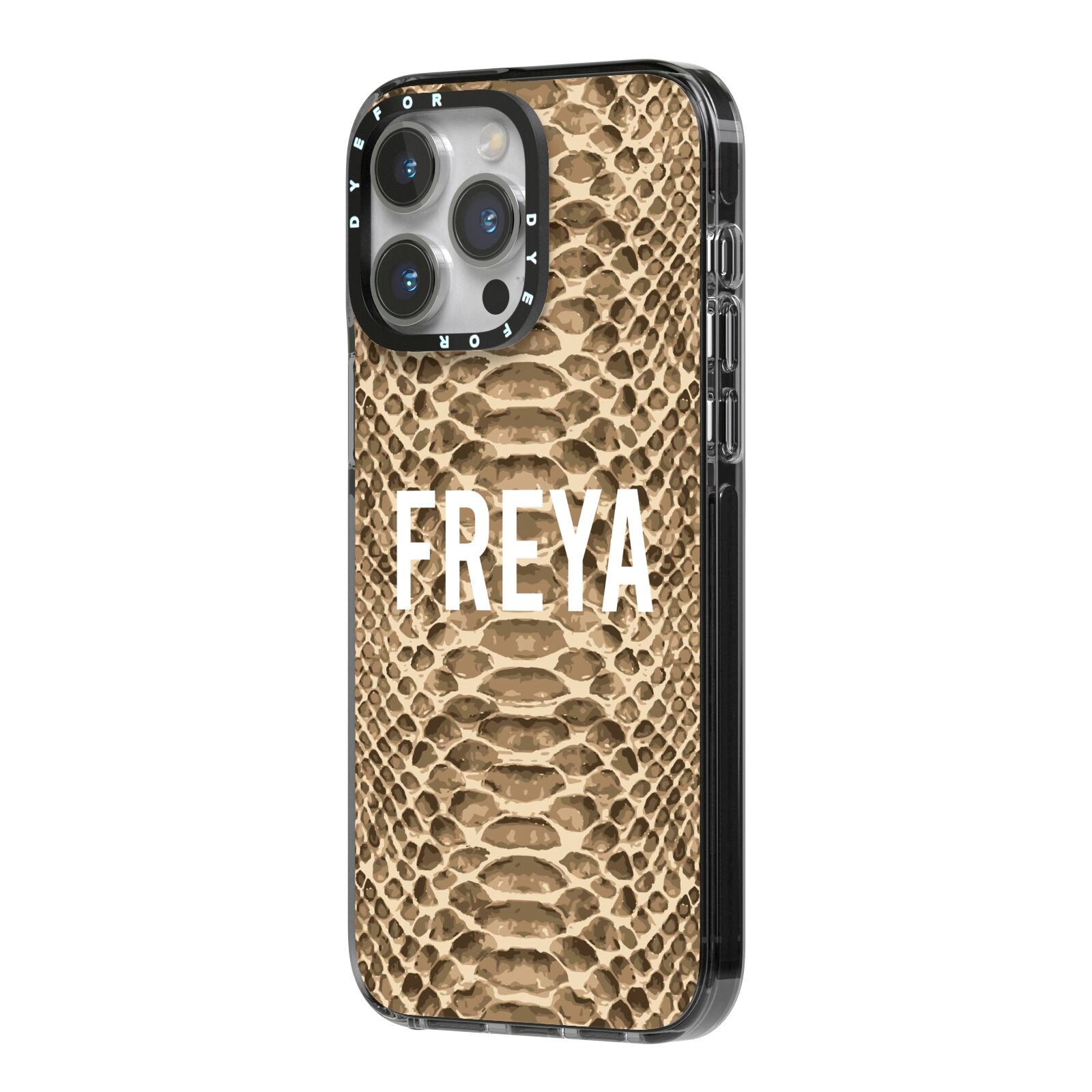 Personalised Tan Snakeskin iPhone 14 Pro Max Black Impact Case Side Angle on Silver phone