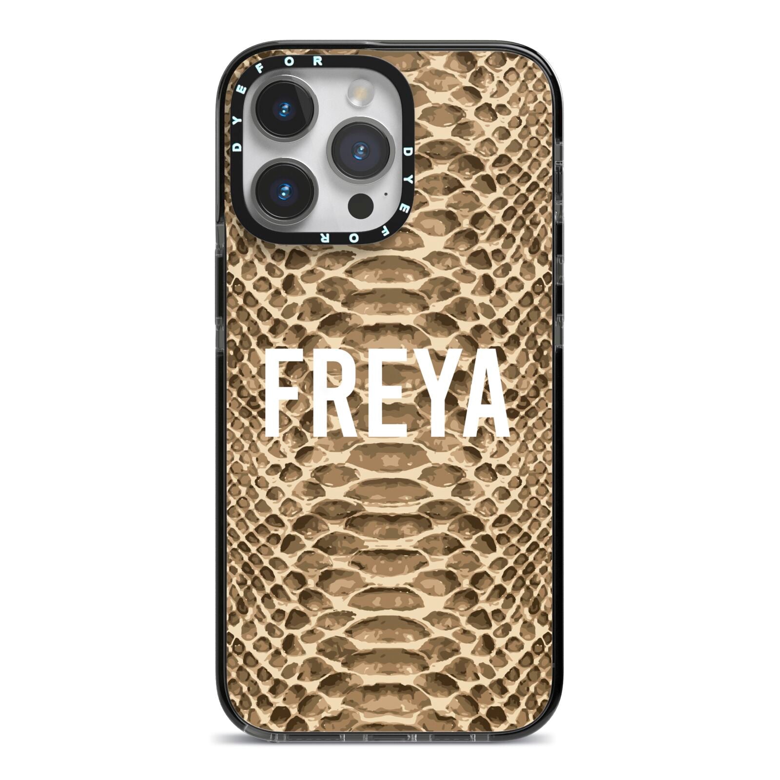 Personalised Tan Snakeskin iPhone 14 Pro Max Black Impact Case on Silver phone