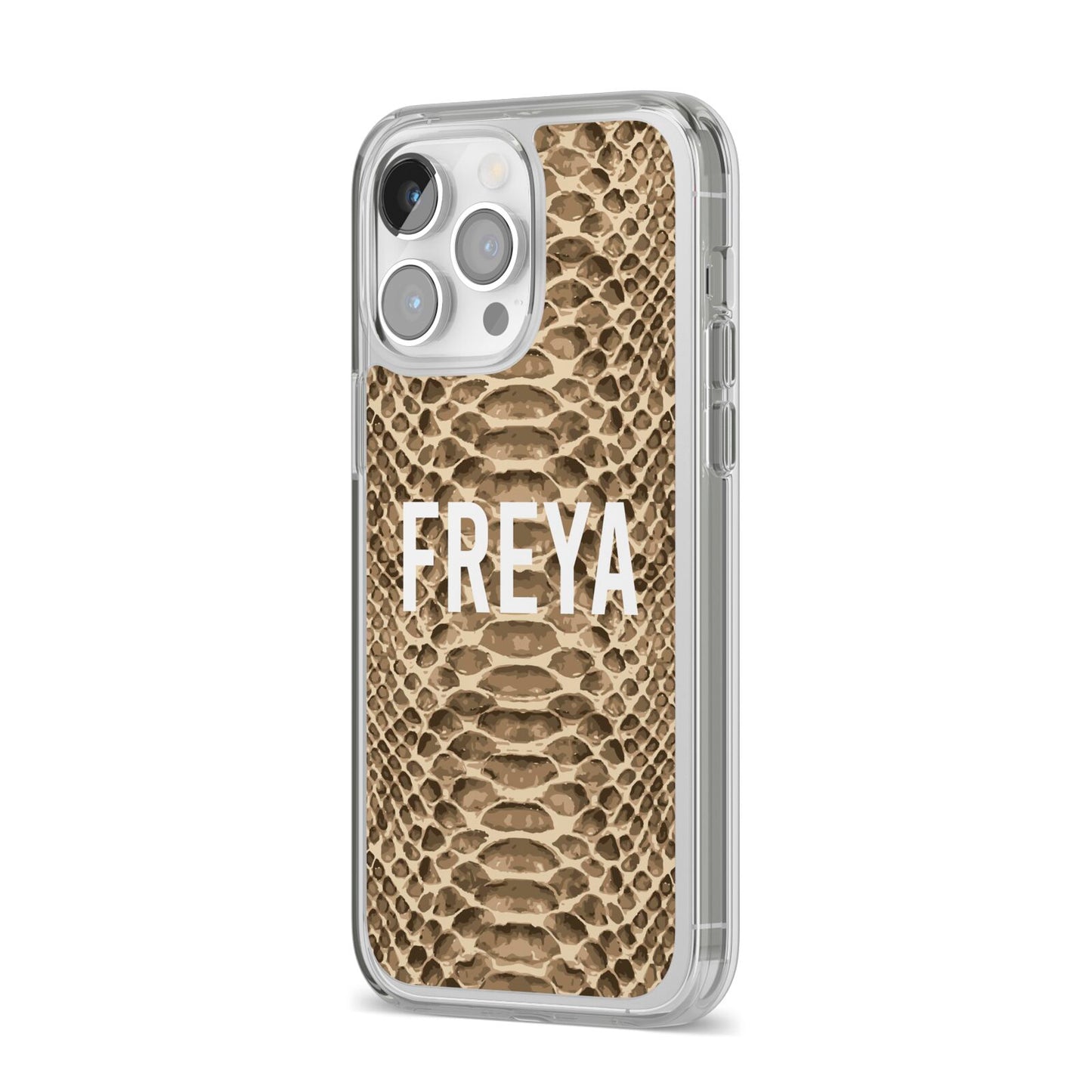 Personalised Tan Snakeskin iPhone 14 Pro Max Clear Tough Case Silver Angled Image