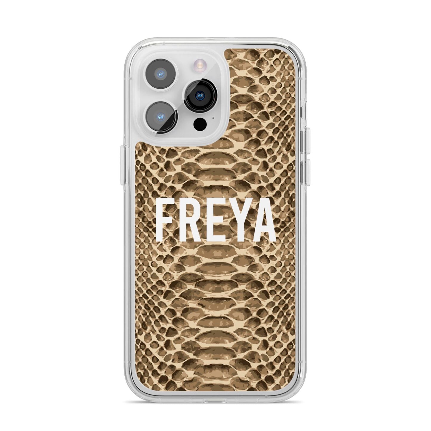 Personalised Tan Snakeskin iPhone 14 Pro Max Clear Tough Case Silver