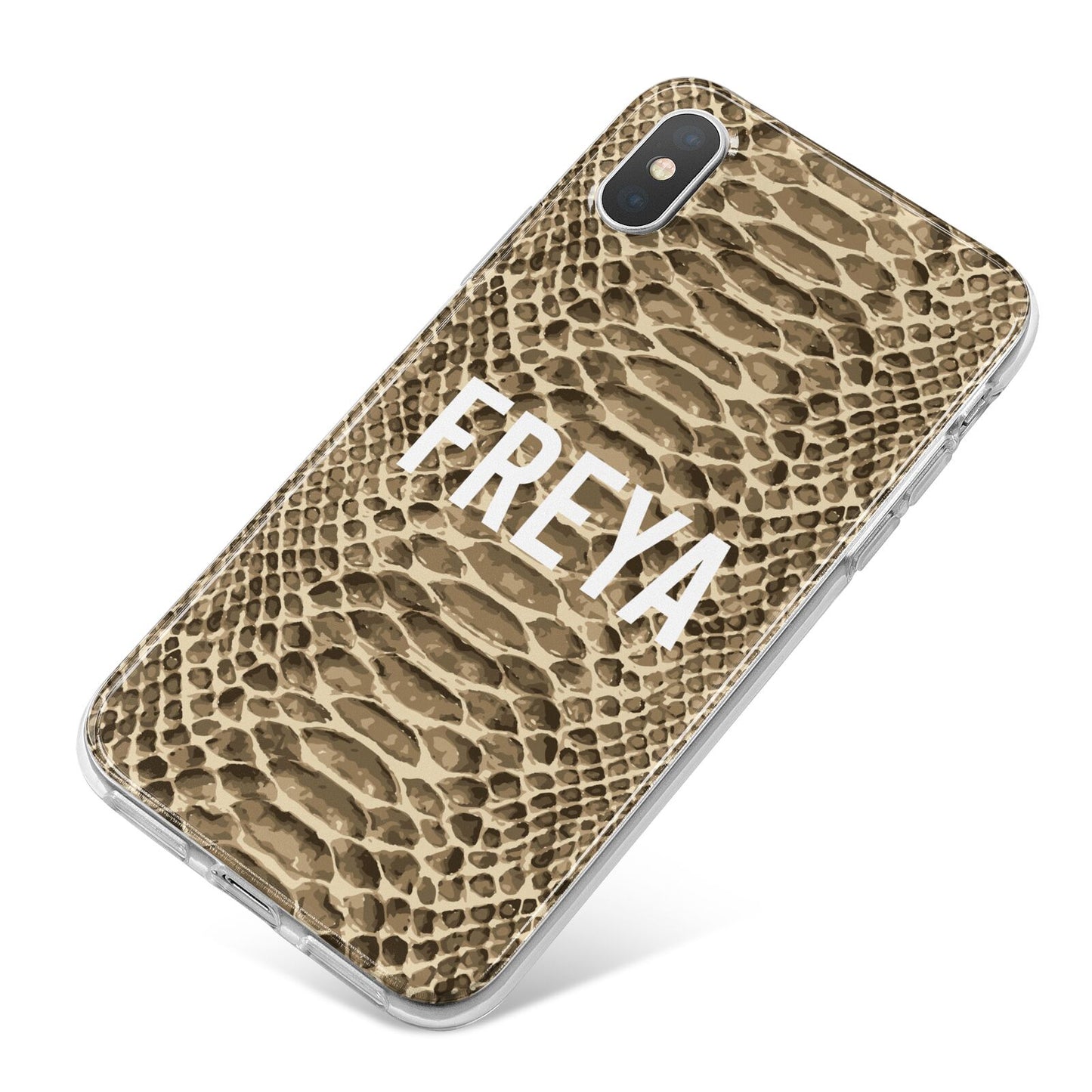 Personalised Tan Snakeskin iPhone X Bumper Case on Silver iPhone