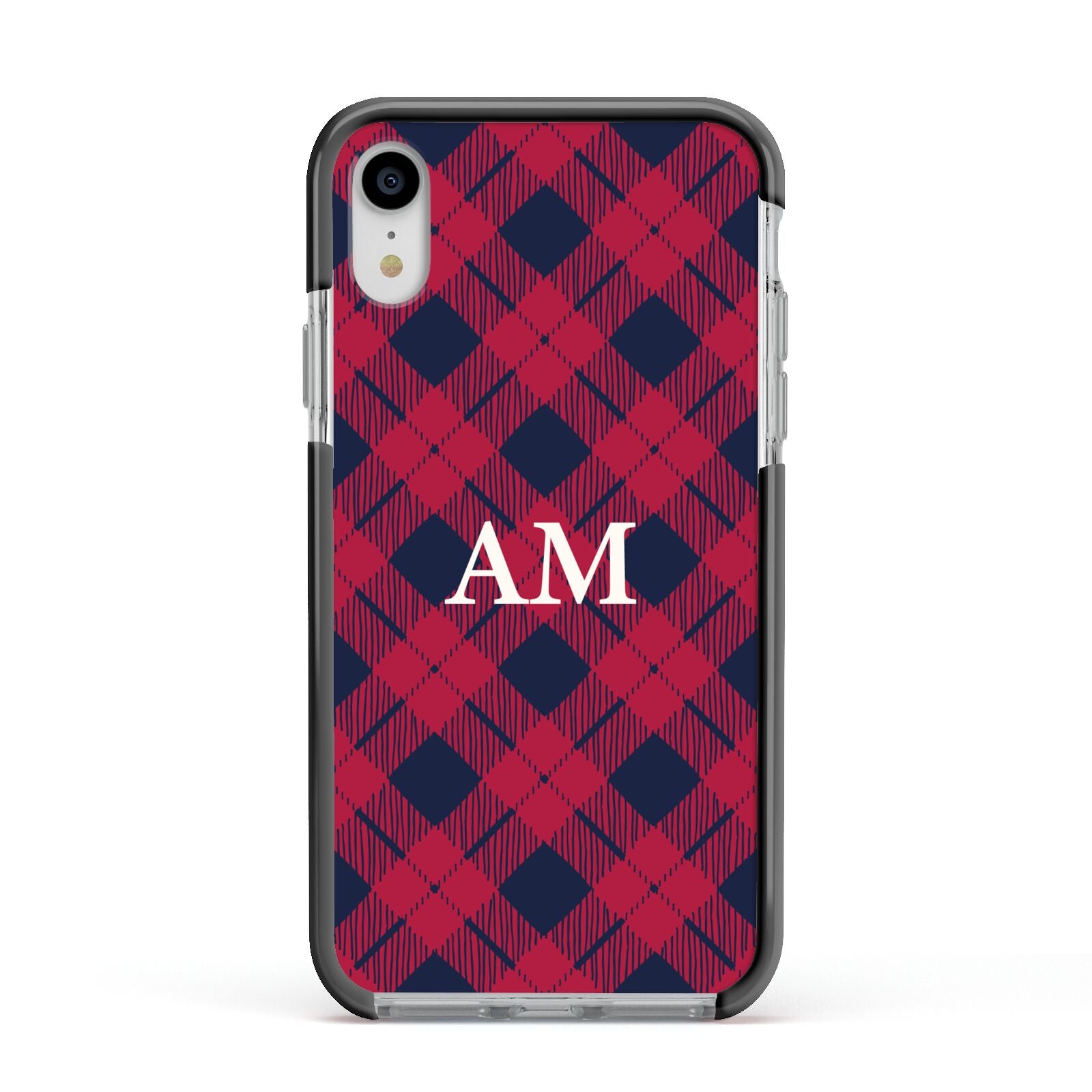 Personalised Tartan Apple iPhone XR Impact Case Black Edge on Silver Phone