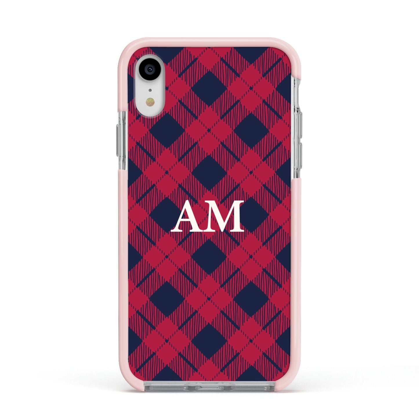 Personalised Tartan Apple iPhone XR Impact Case Pink Edge on Silver Phone