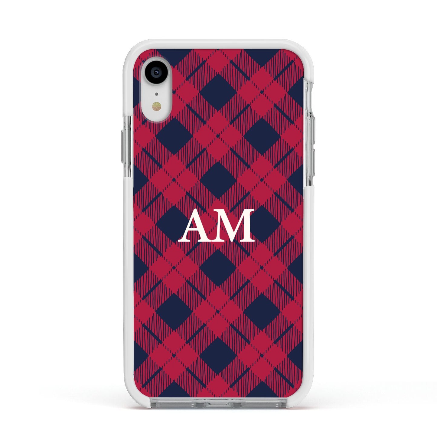 Personalised Tartan Apple iPhone XR Impact Case White Edge on Silver Phone