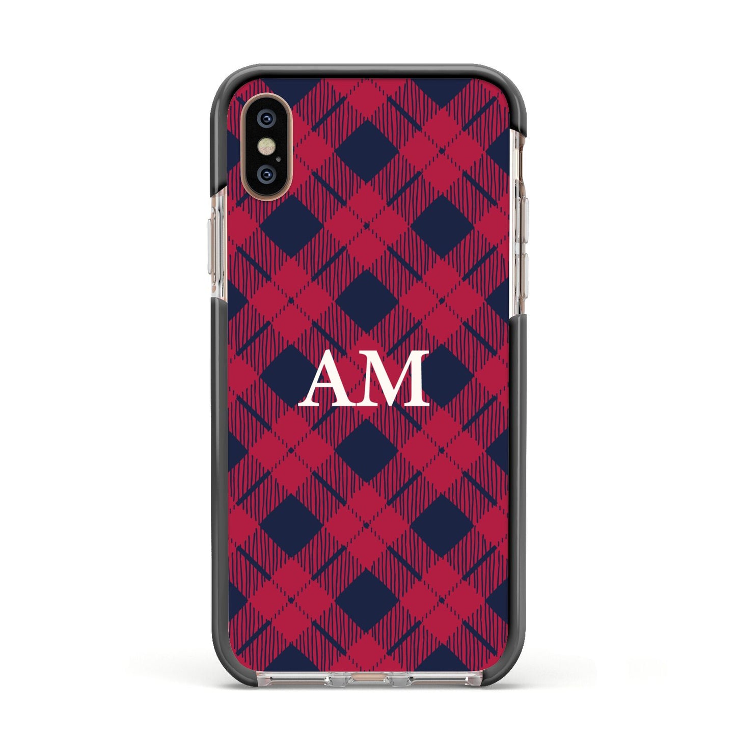 Personalised Tartan Apple iPhone Xs Impact Case Black Edge on Gold Phone