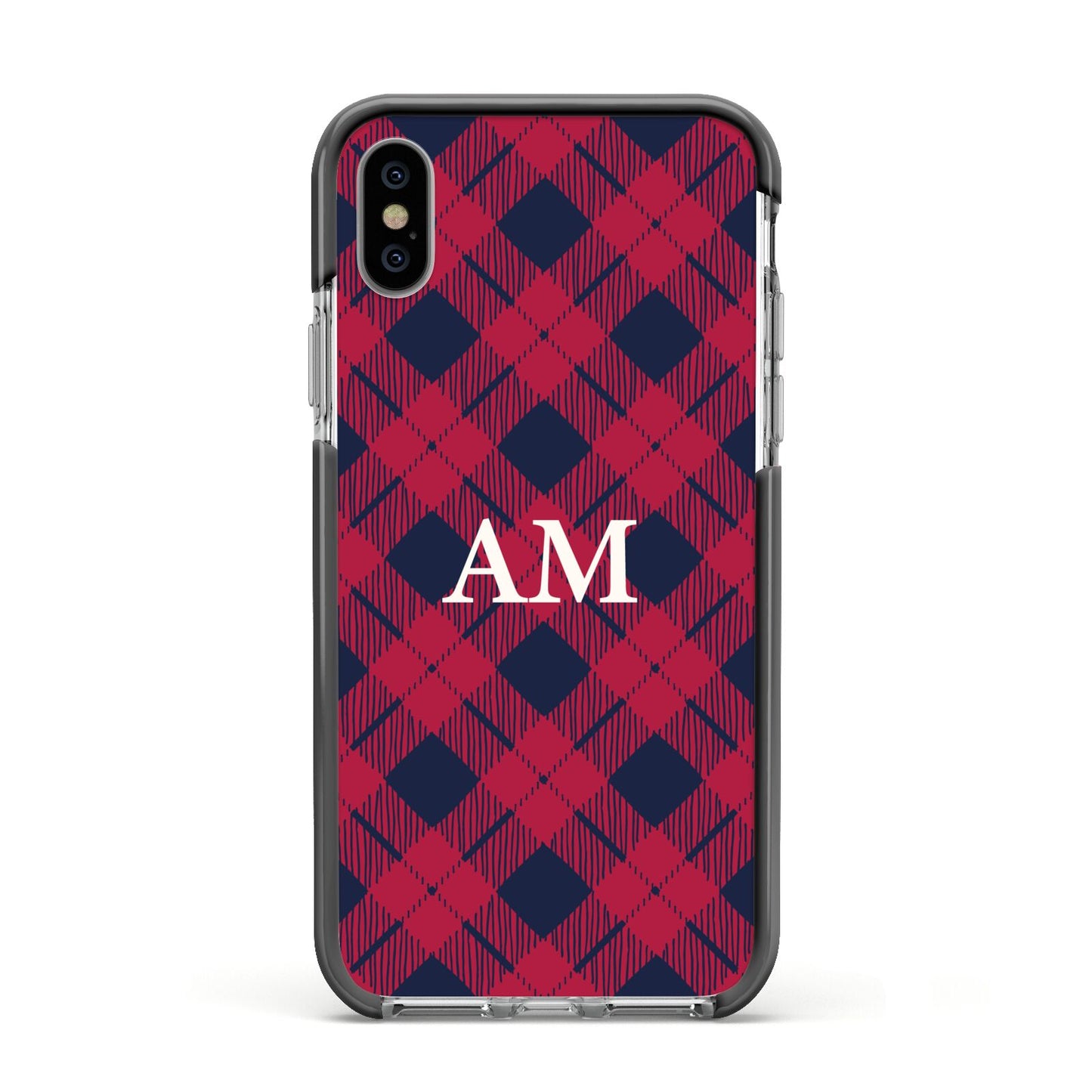 Personalised Tartan Apple iPhone Xs Impact Case Black Edge on Silver Phone