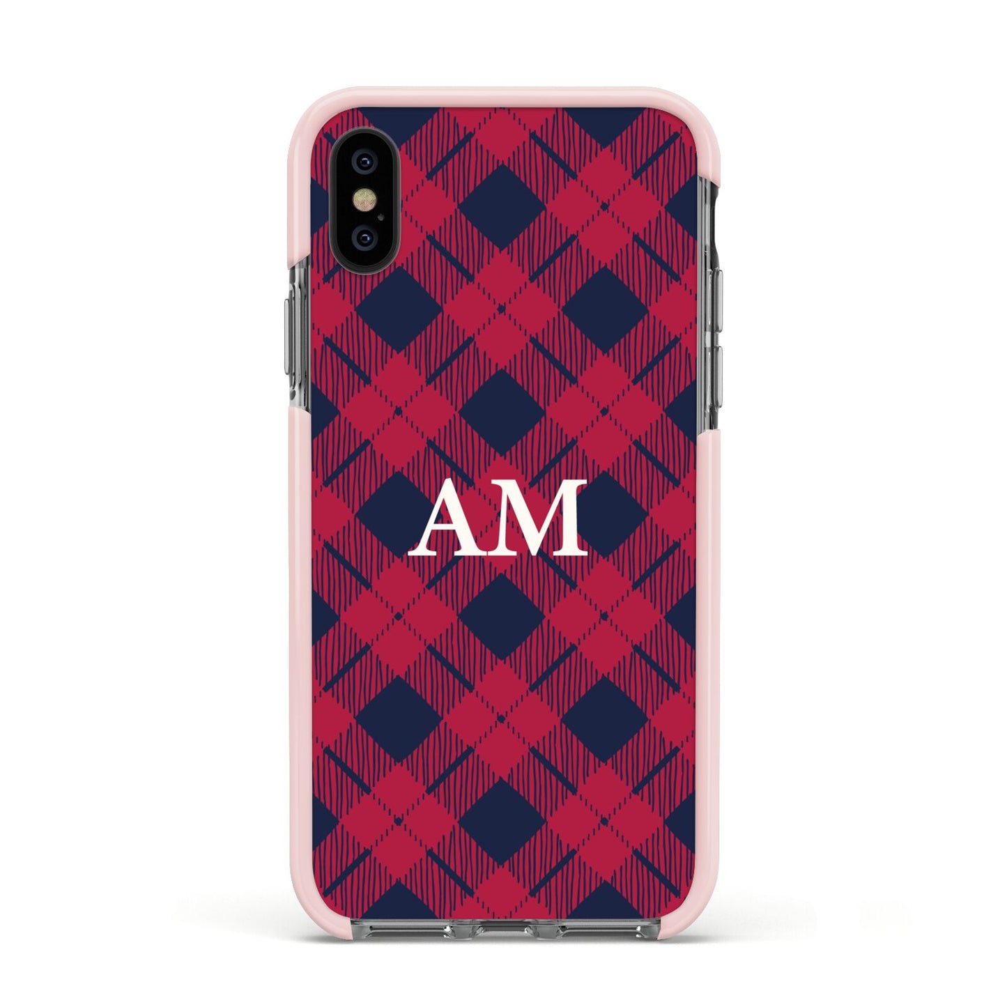 Personalised Tartan Apple iPhone Xs Impact Case Pink Edge on Black Phone