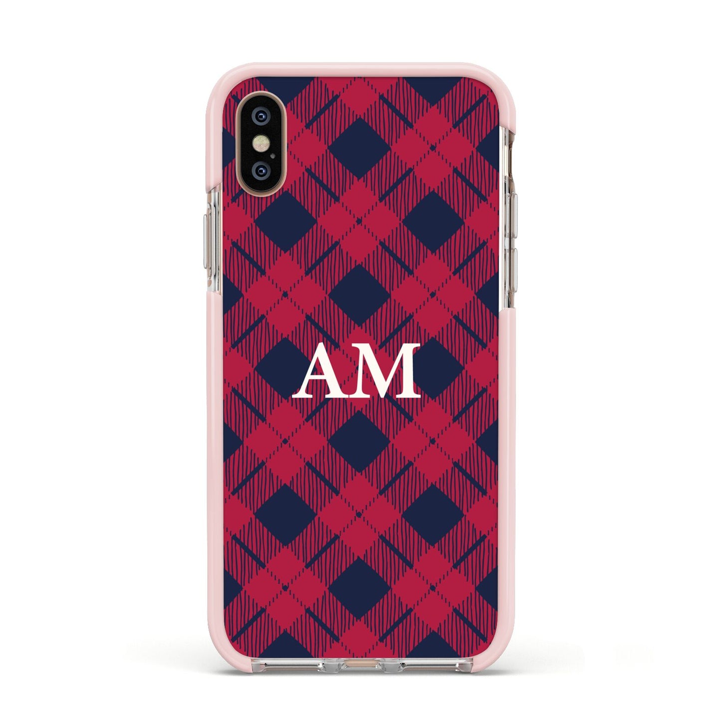 Personalised Tartan Apple iPhone Xs Impact Case Pink Edge on Gold Phone