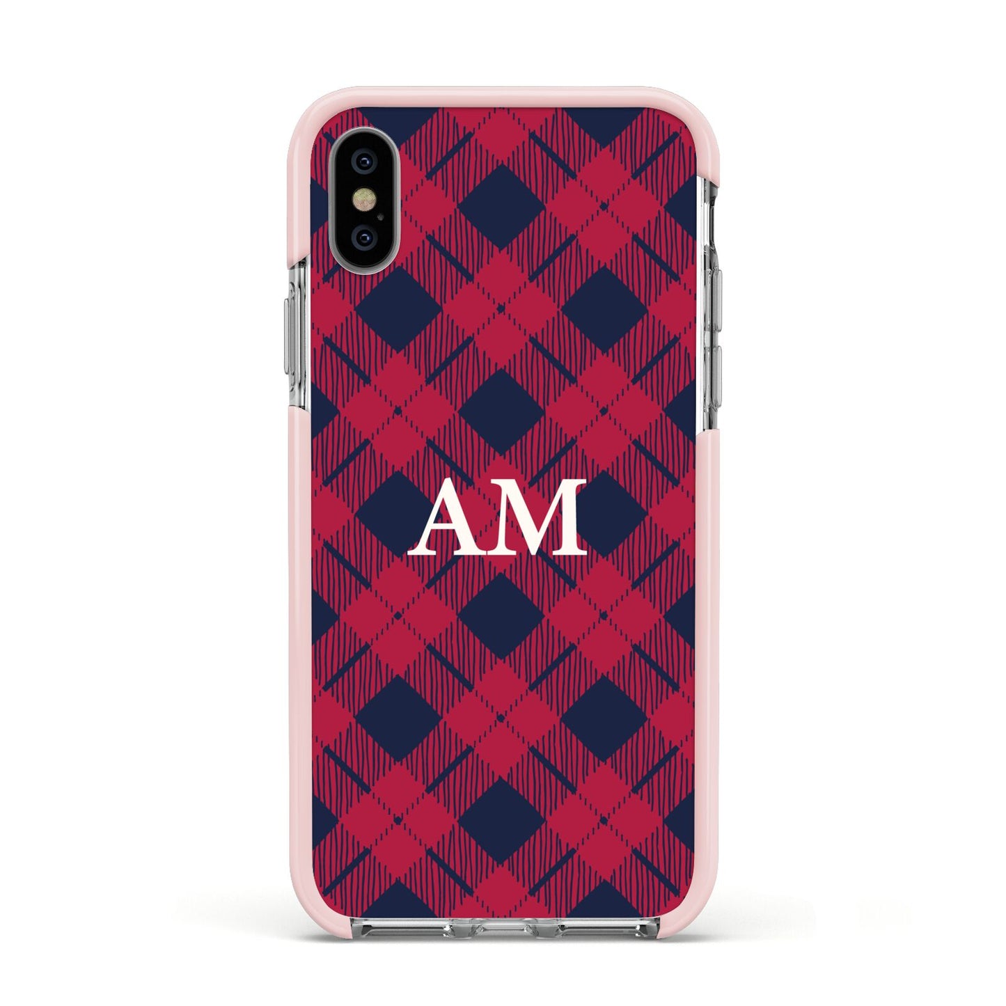 Personalised Tartan Apple iPhone Xs Impact Case Pink Edge on Silver Phone