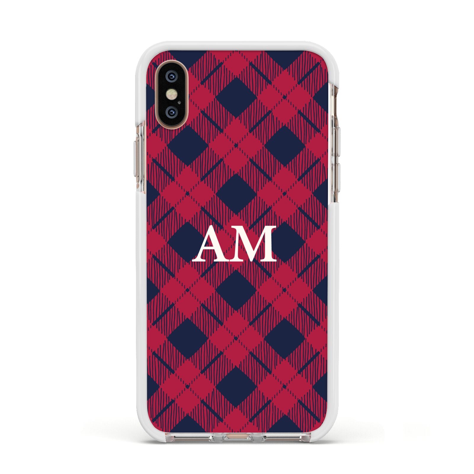 Personalised Tartan Apple iPhone Xs Impact Case White Edge on Gold Phone