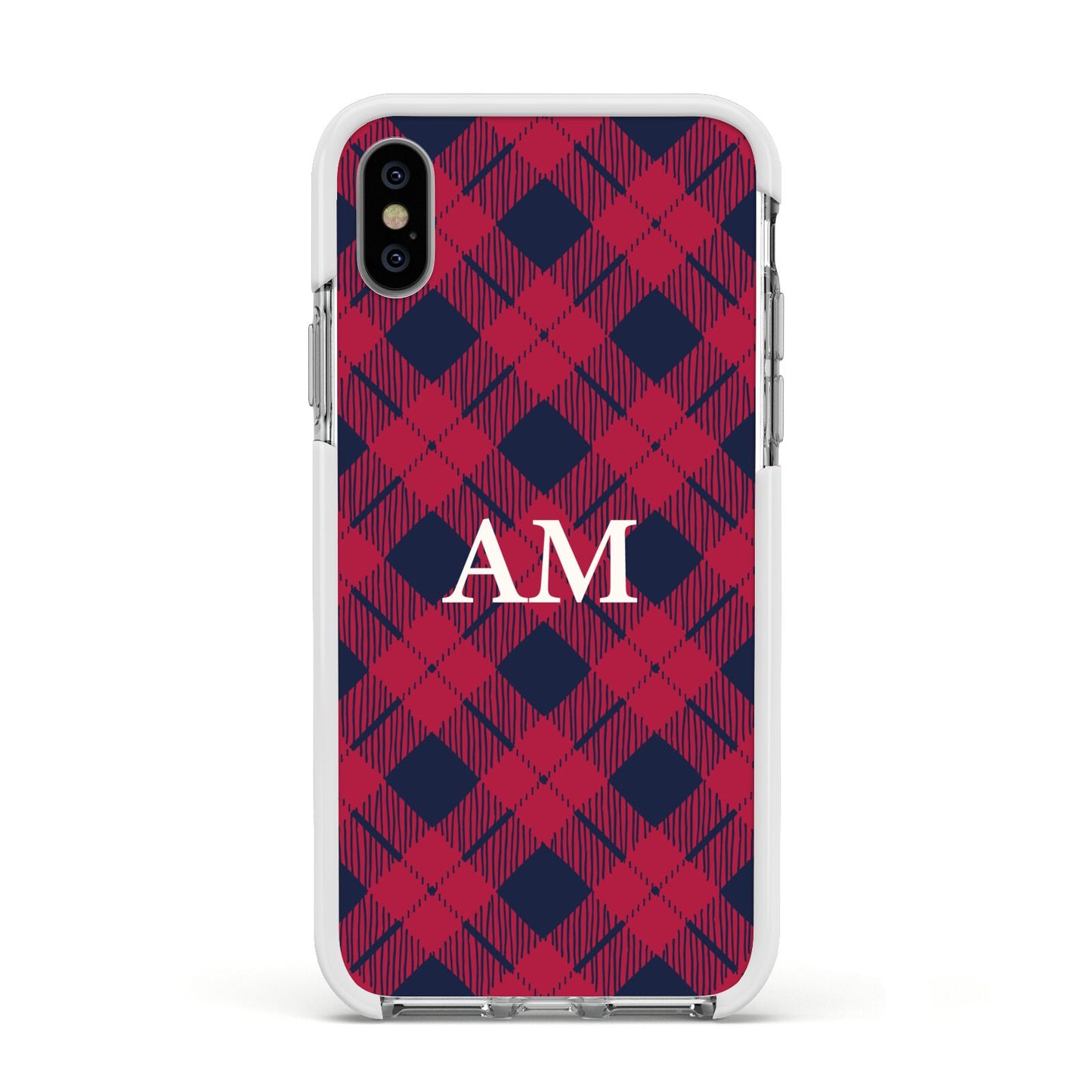 Personalised Tartan Apple iPhone Xs Impact Case White Edge on Silver Phone