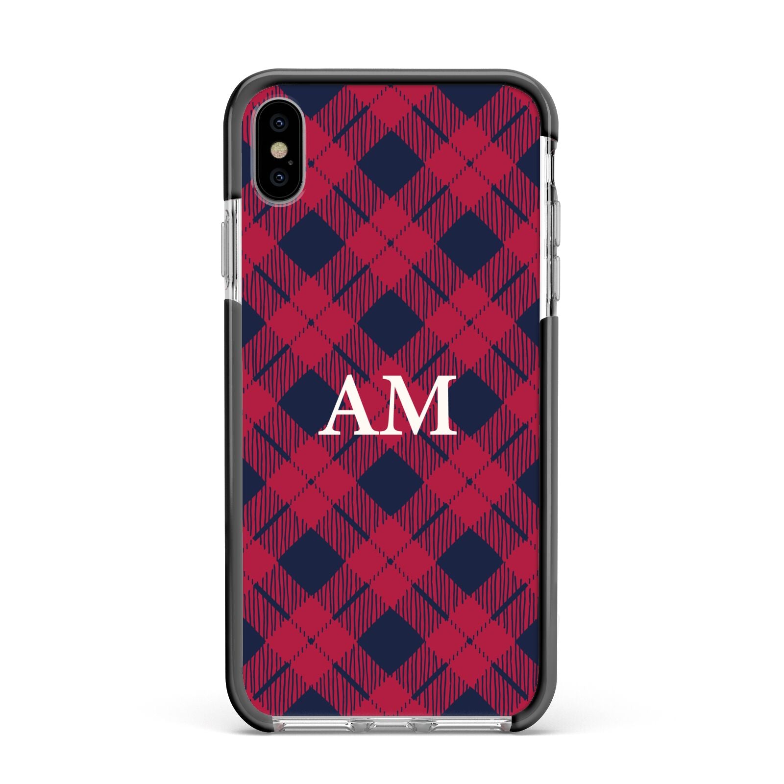 Personalised Tartan Apple iPhone Xs Max Impact Case Black Edge on Silver Phone