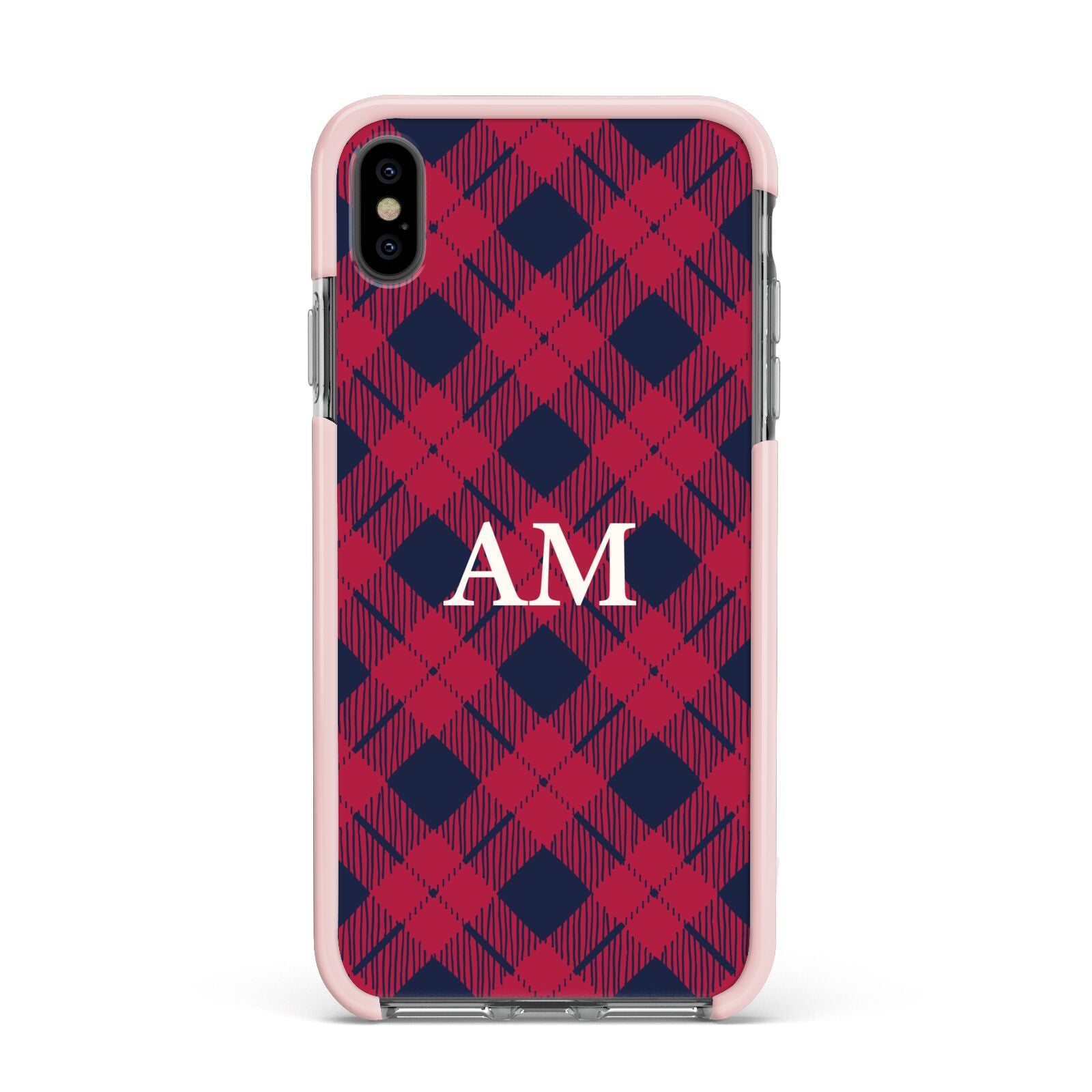 Personalised Tartan Apple iPhone Xs Max Impact Case Pink Edge on Black Phone