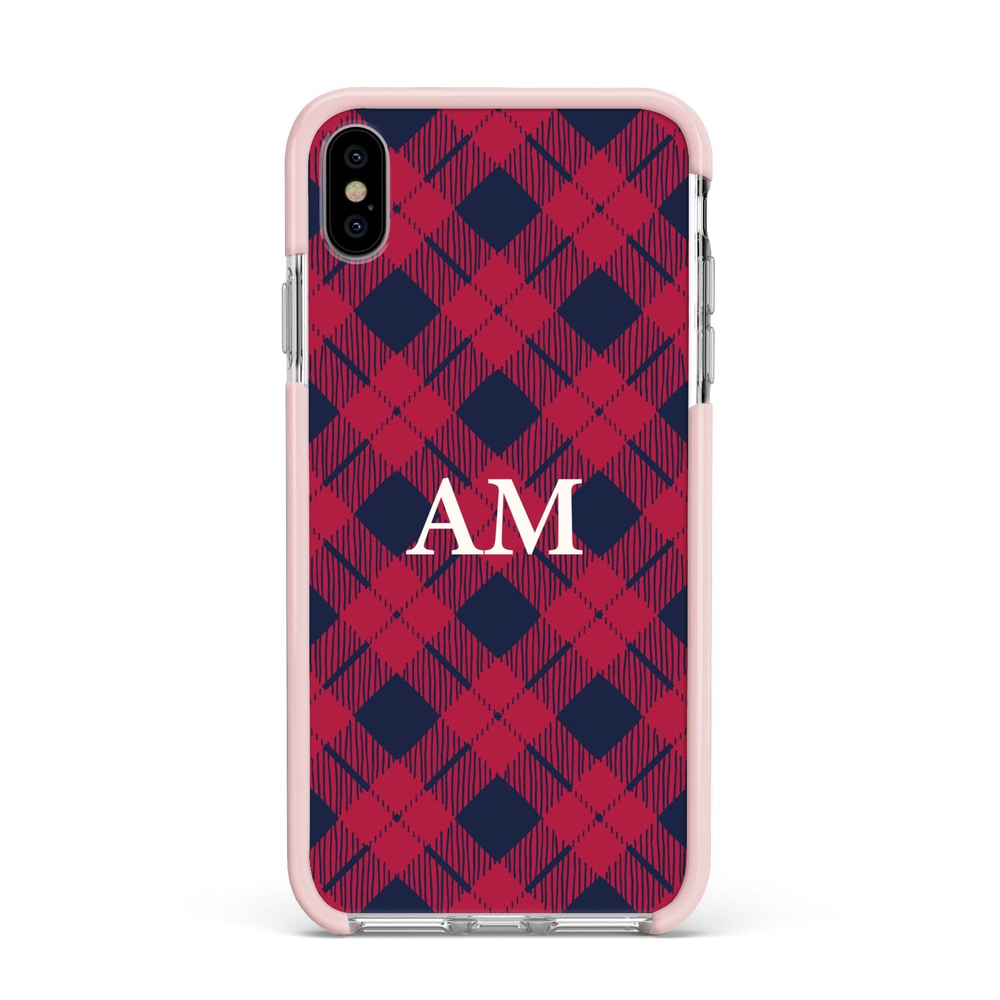 Personalised Tartan Apple iPhone Xs Max Impact Case Pink Edge on Silver Phone