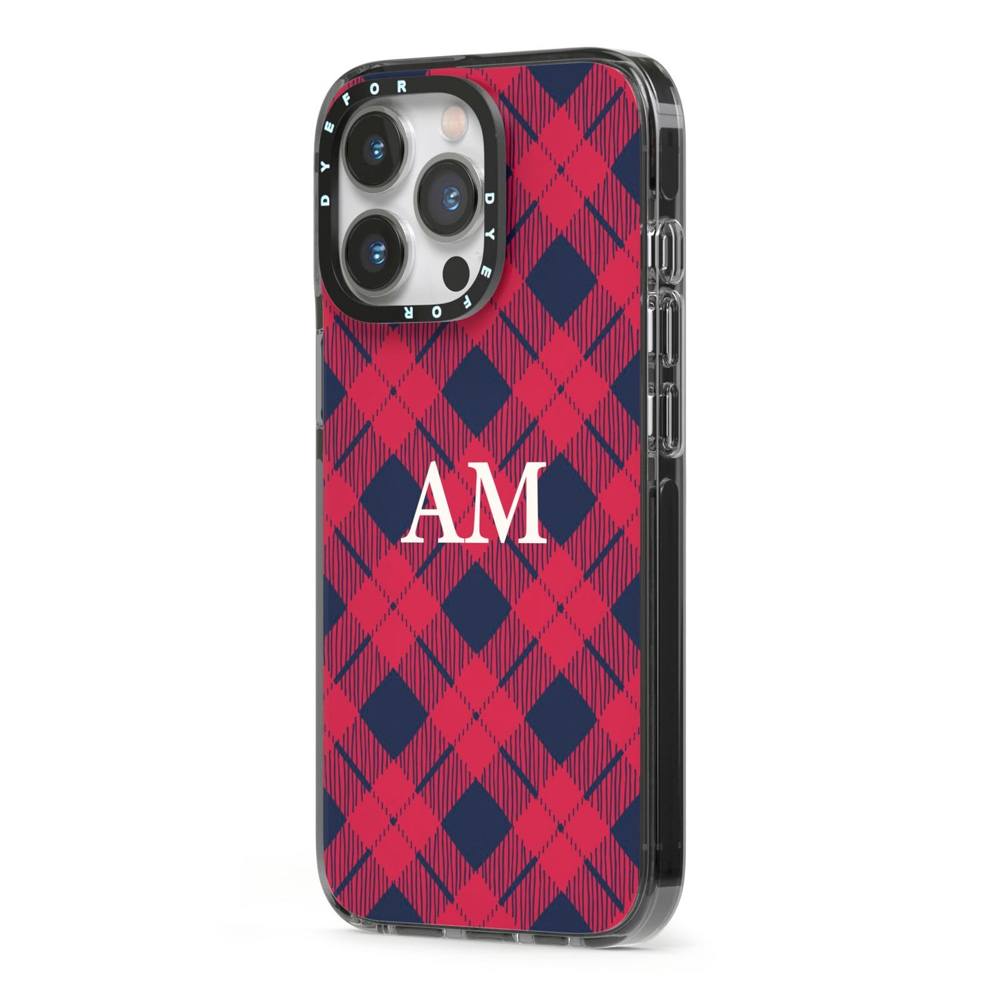 Personalised Tartan iPhone 13 Pro Black Impact Case Side Angle on Silver phone