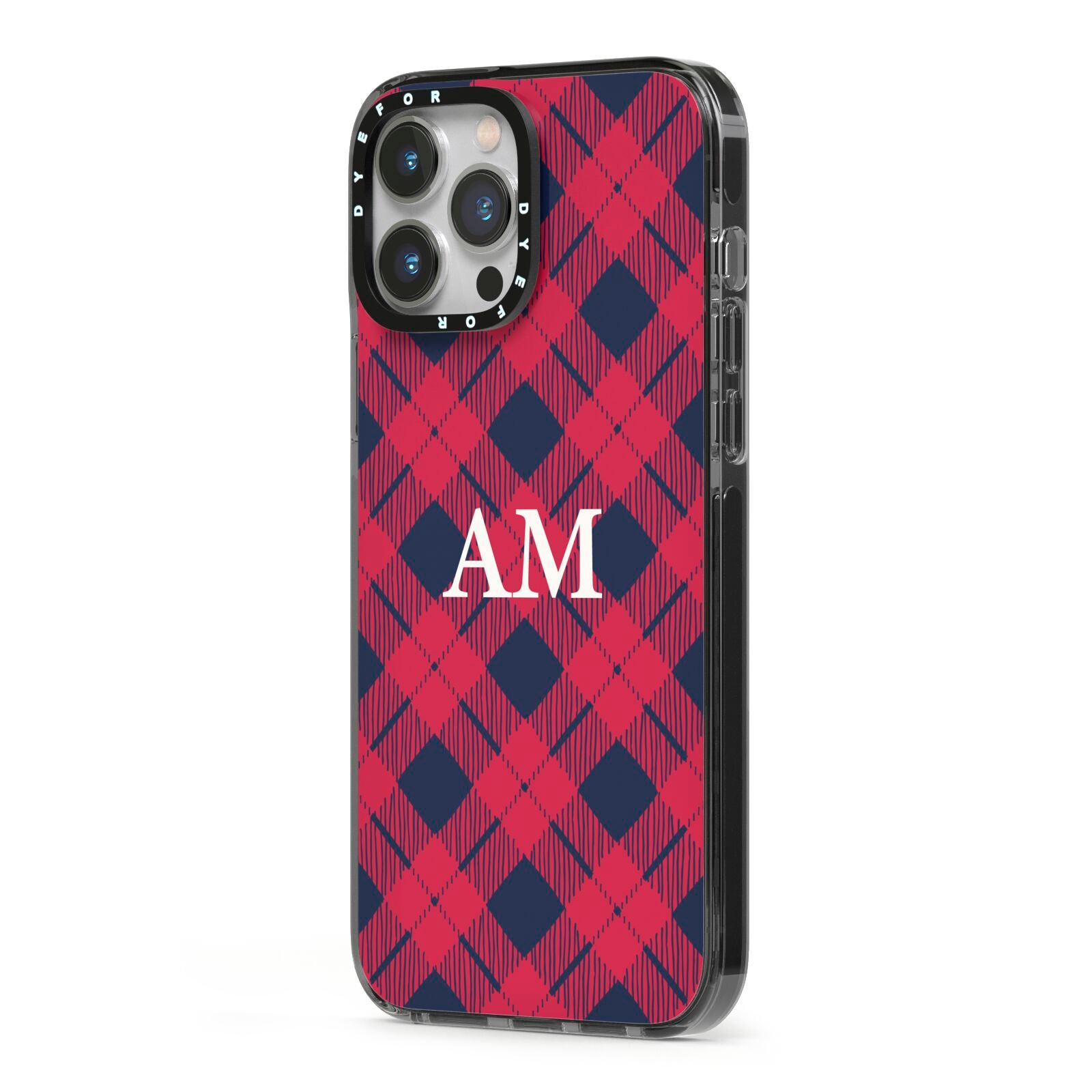 Personalised Tartan iPhone 13 Pro Max Black Impact Case Side Angle on Silver phone