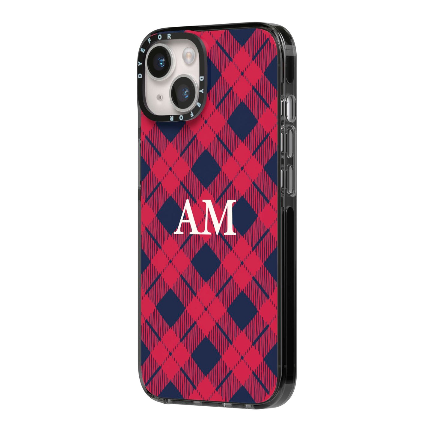 Personalised Tartan iPhone 14 Black Impact Case Side Angle on Silver phone