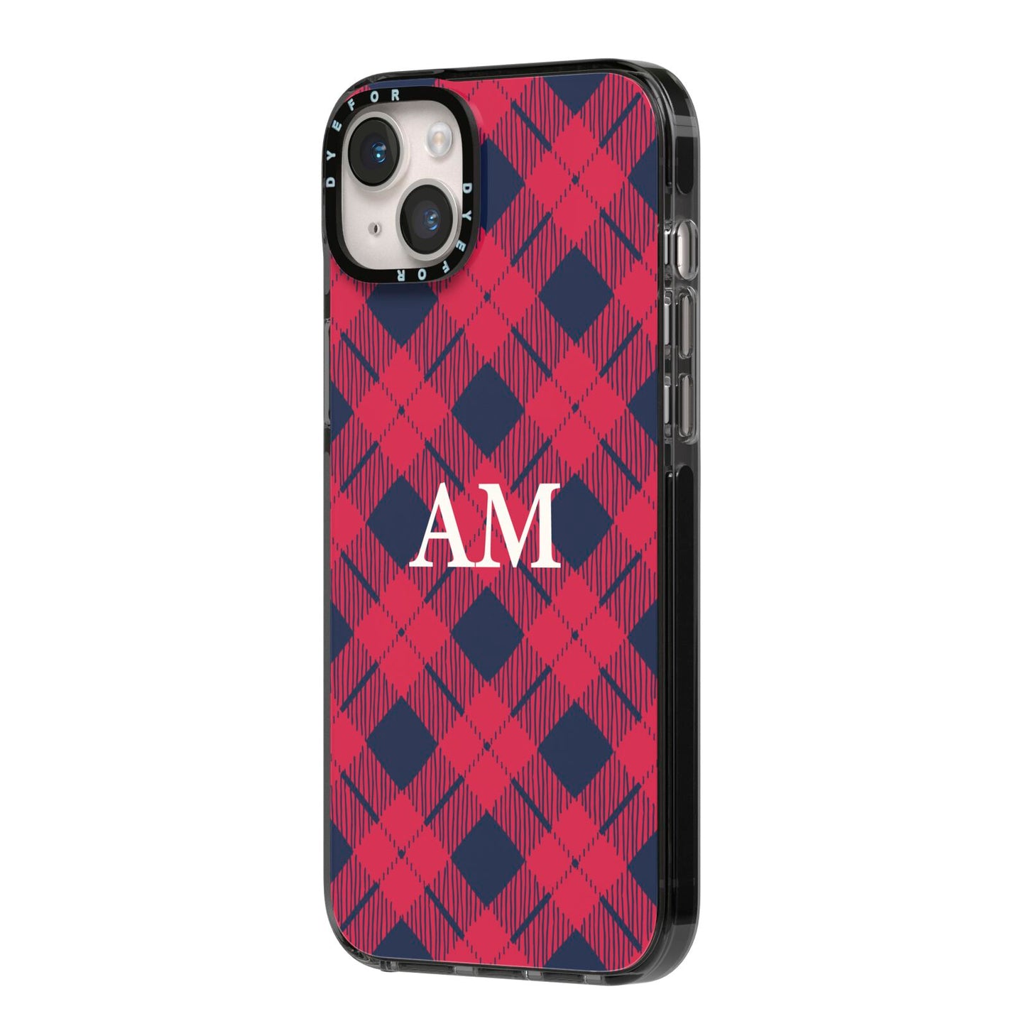 Personalised Tartan iPhone 14 Plus Black Impact Case Side Angle on Silver phone