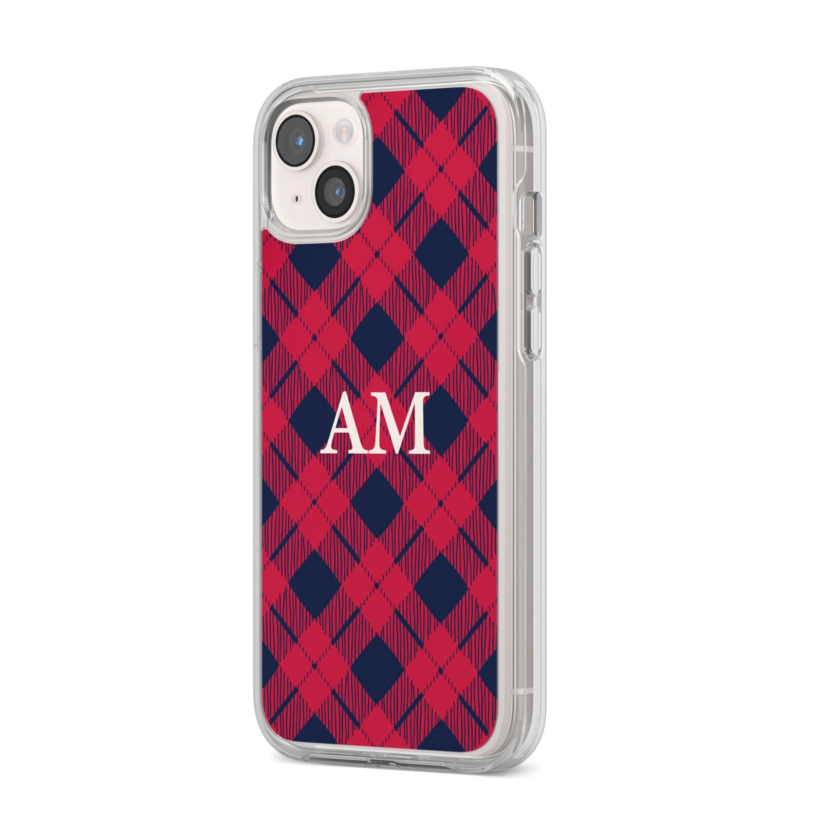 Personalised Tartan iPhone 14 Plus Clear Tough Case Starlight Angled Image