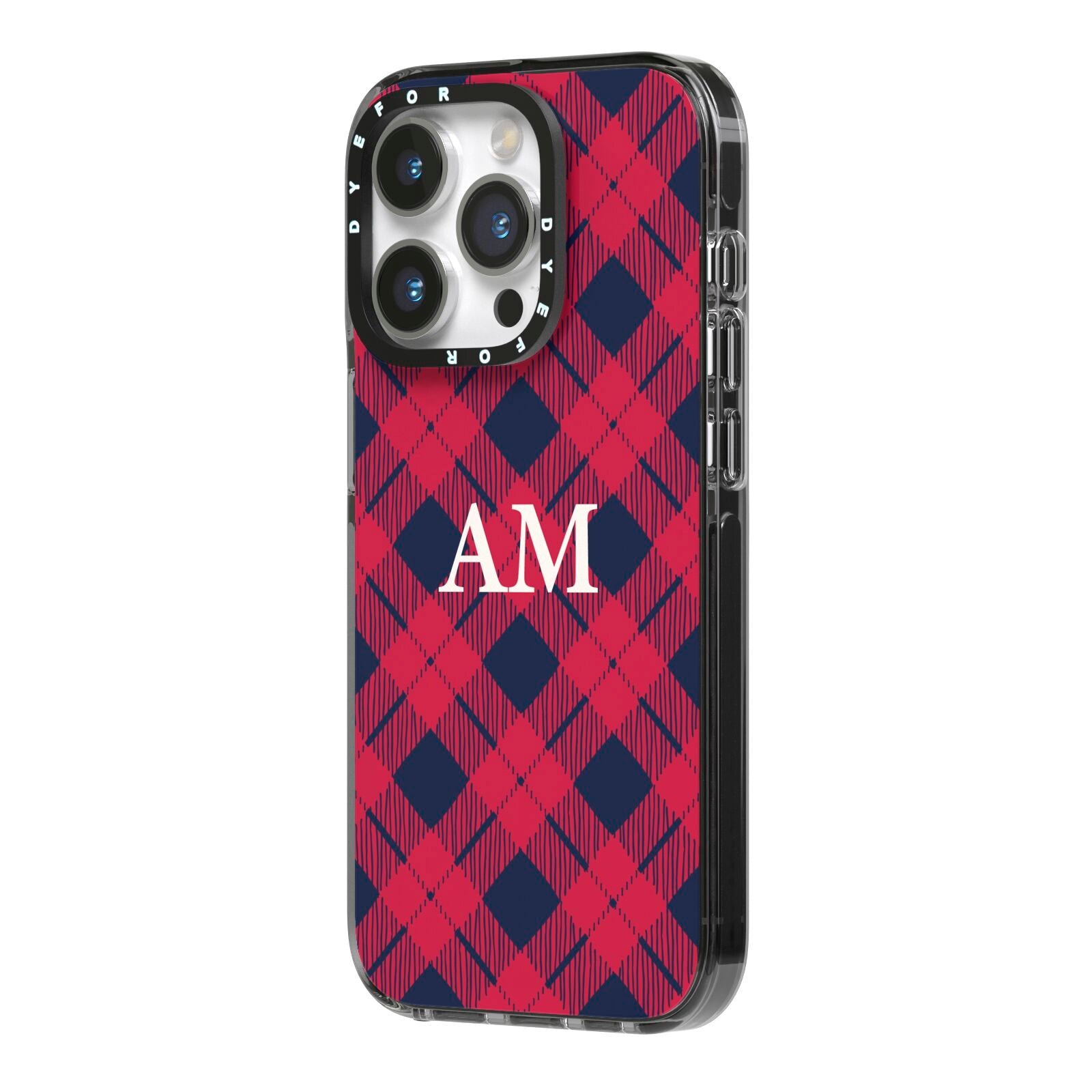 Personalised Tartan iPhone 14 Pro Black Impact Case Side Angle on Silver phone