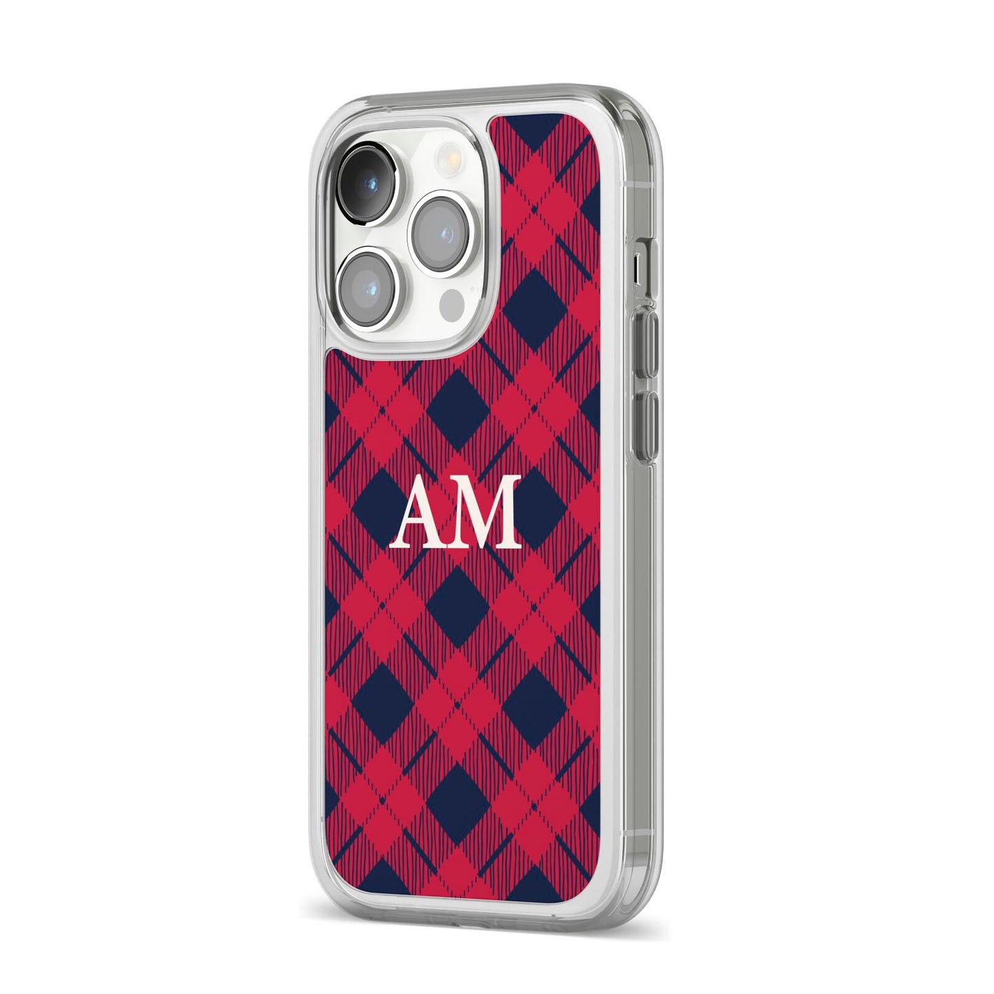 Personalised Tartan iPhone 14 Pro Clear Tough Case Silver Angled Image