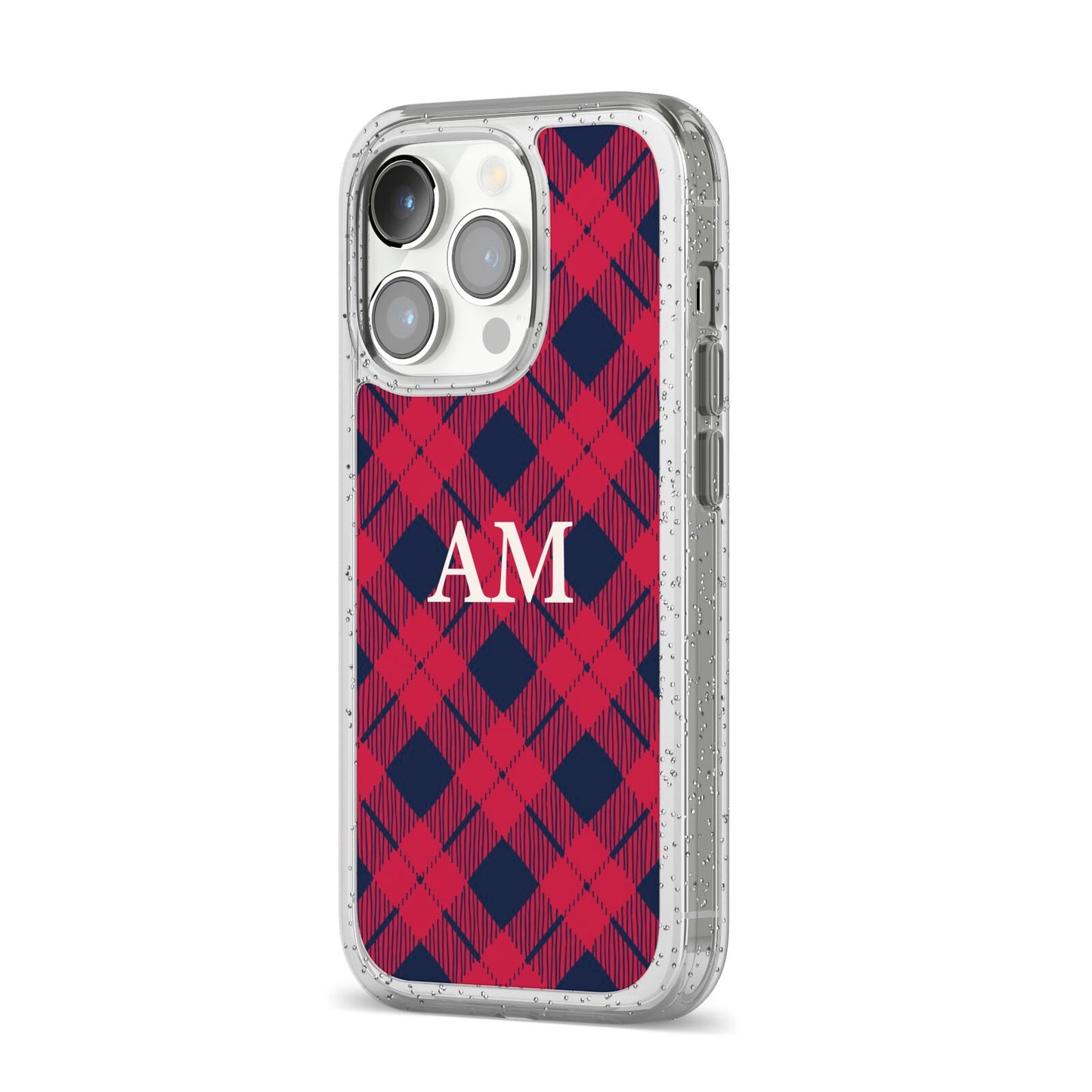 Personalised Tartan iPhone 14 Pro Glitter Tough Case Silver Angled Image