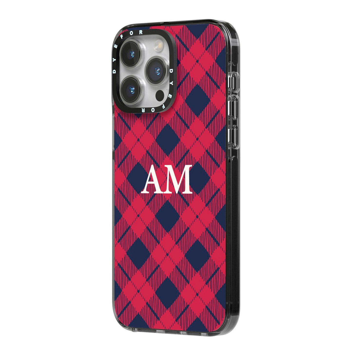 Personalised Tartan iPhone 14 Pro Max Black Impact Case Side Angle on Silver phone