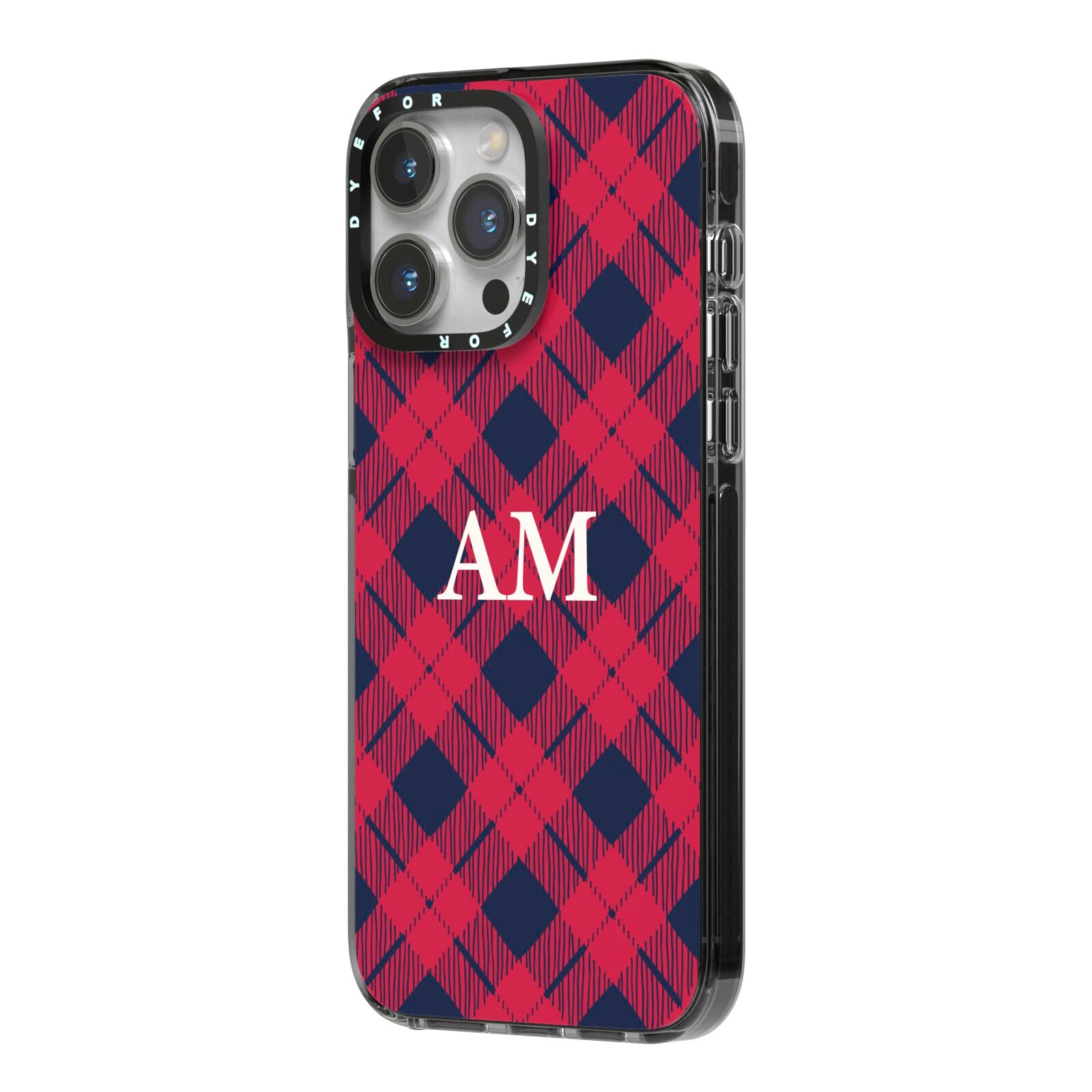 Personalised Tartan iPhone 14 Pro Max Black Impact Case Side Angle on Silver phone