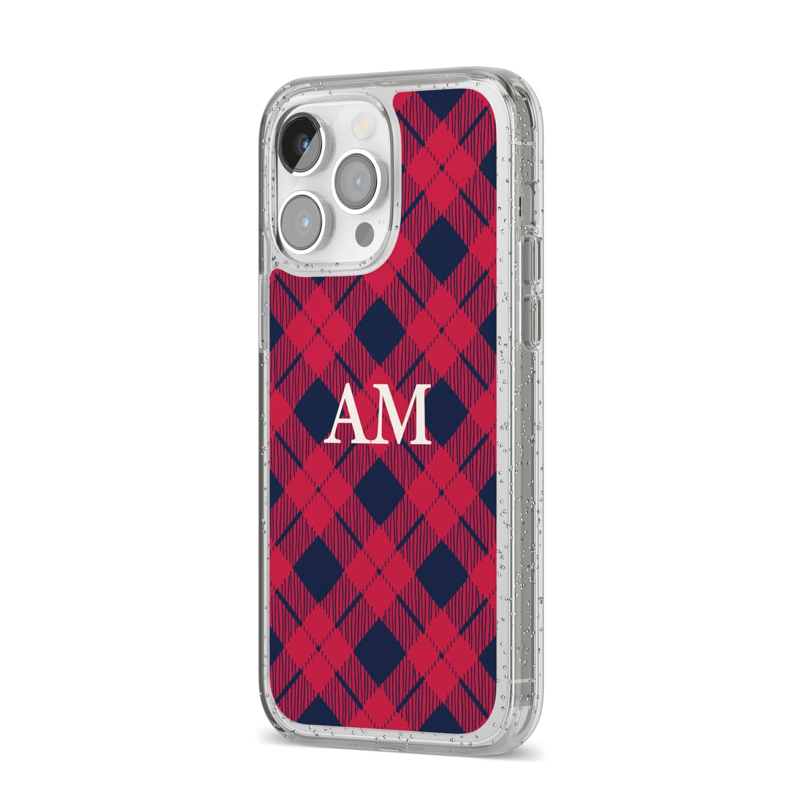 Personalised Tartan iPhone 14 Pro Max Glitter Tough Case Silver Angled Image