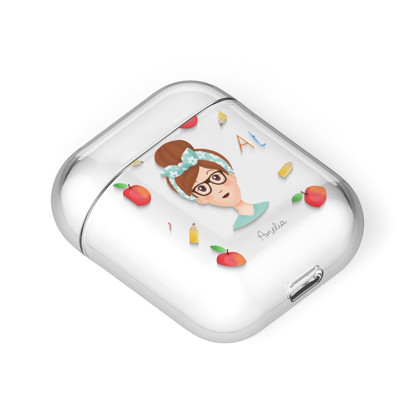 Personalised Teacher Cartoon AirPods Case Laid Flat