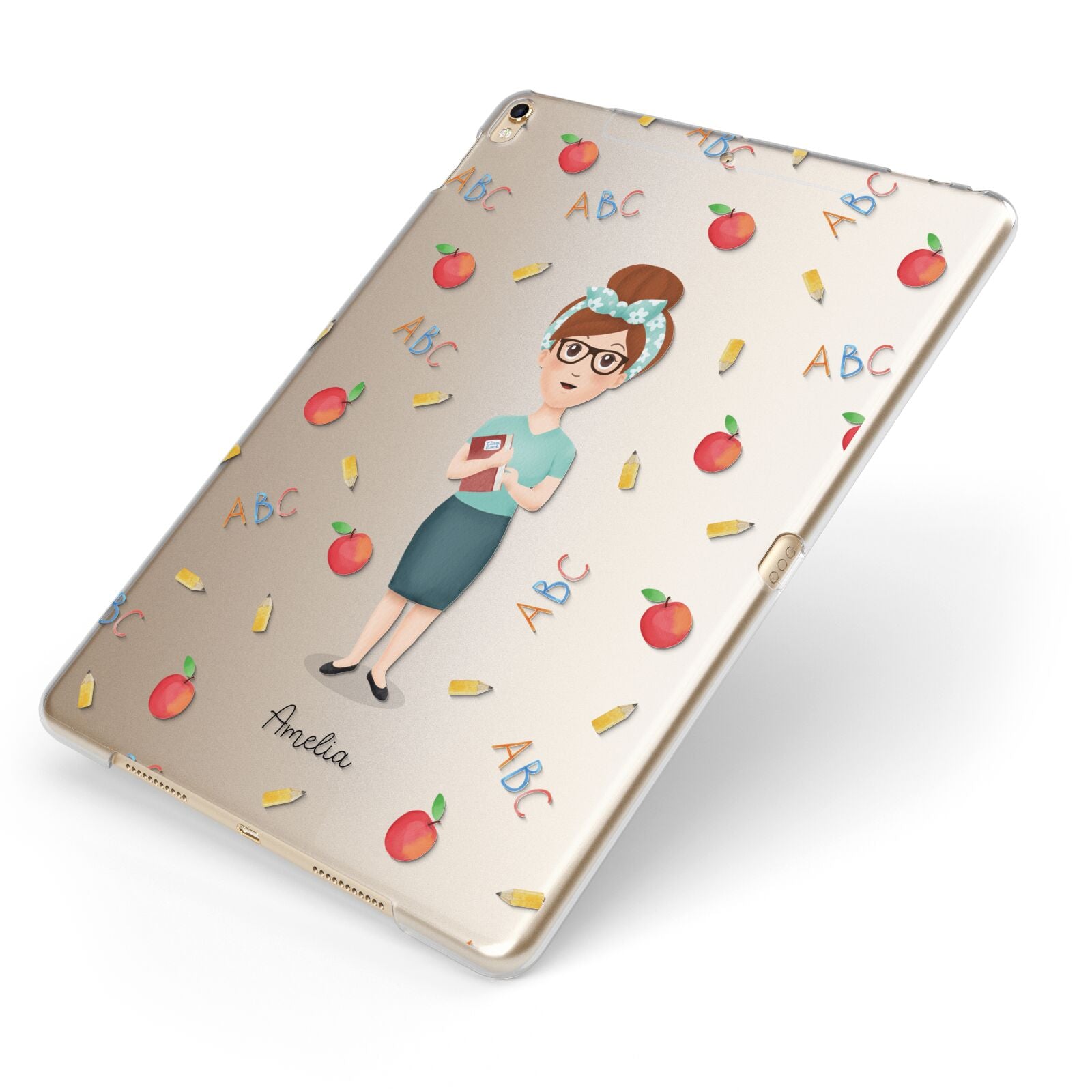 Personalised Teacher Cartoon Apple iPad Case on Gold iPad Side View