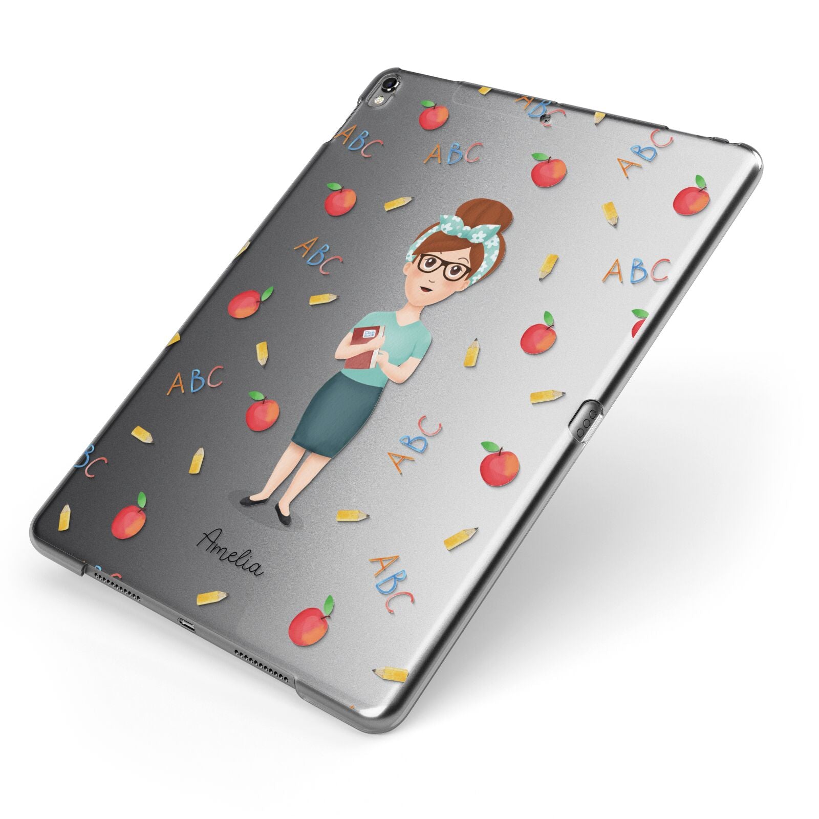 Personalised Teacher Cartoon Apple iPad Case on Grey iPad Side View