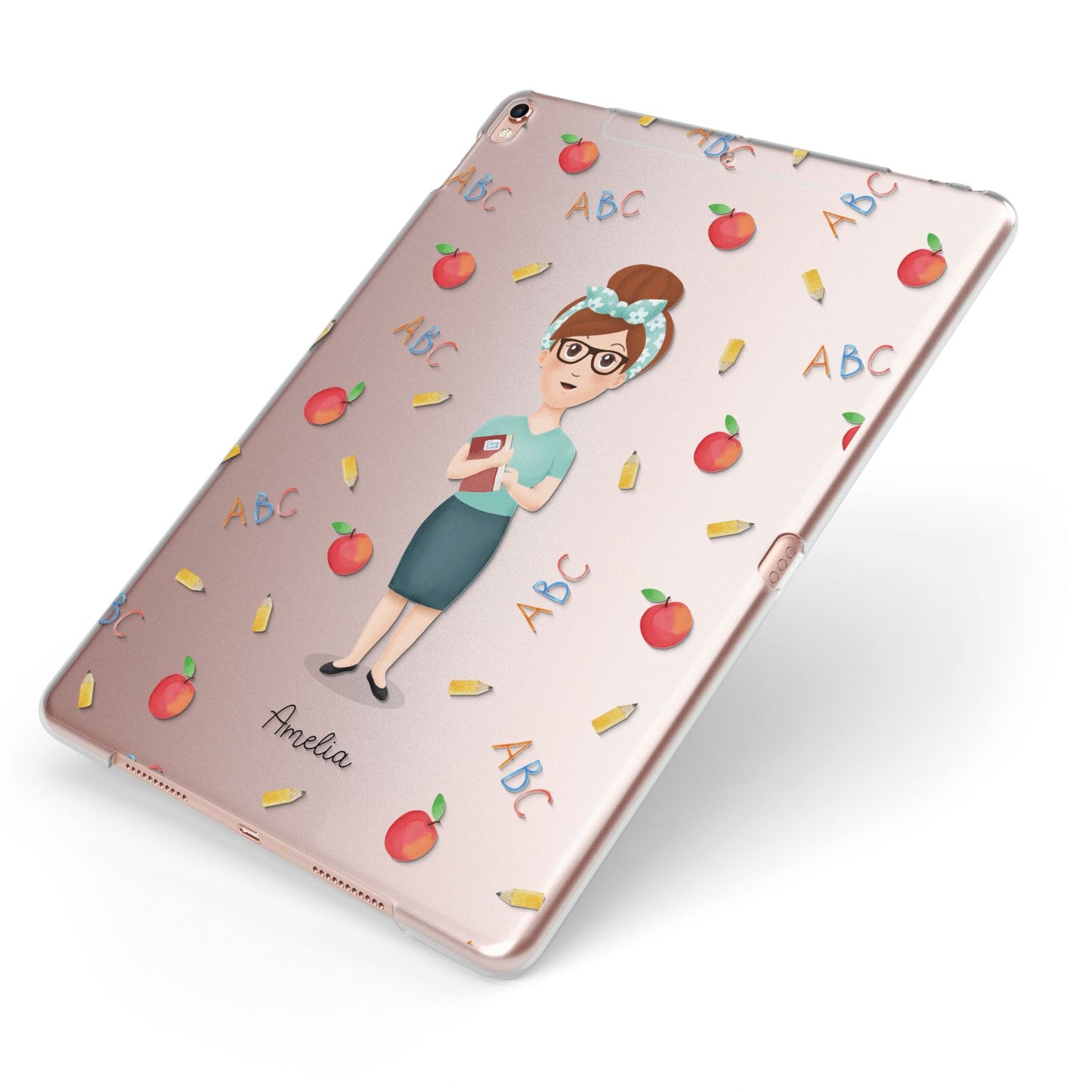 Personalised Teacher Cartoon Apple iPad Case on Rose Gold iPad Side View