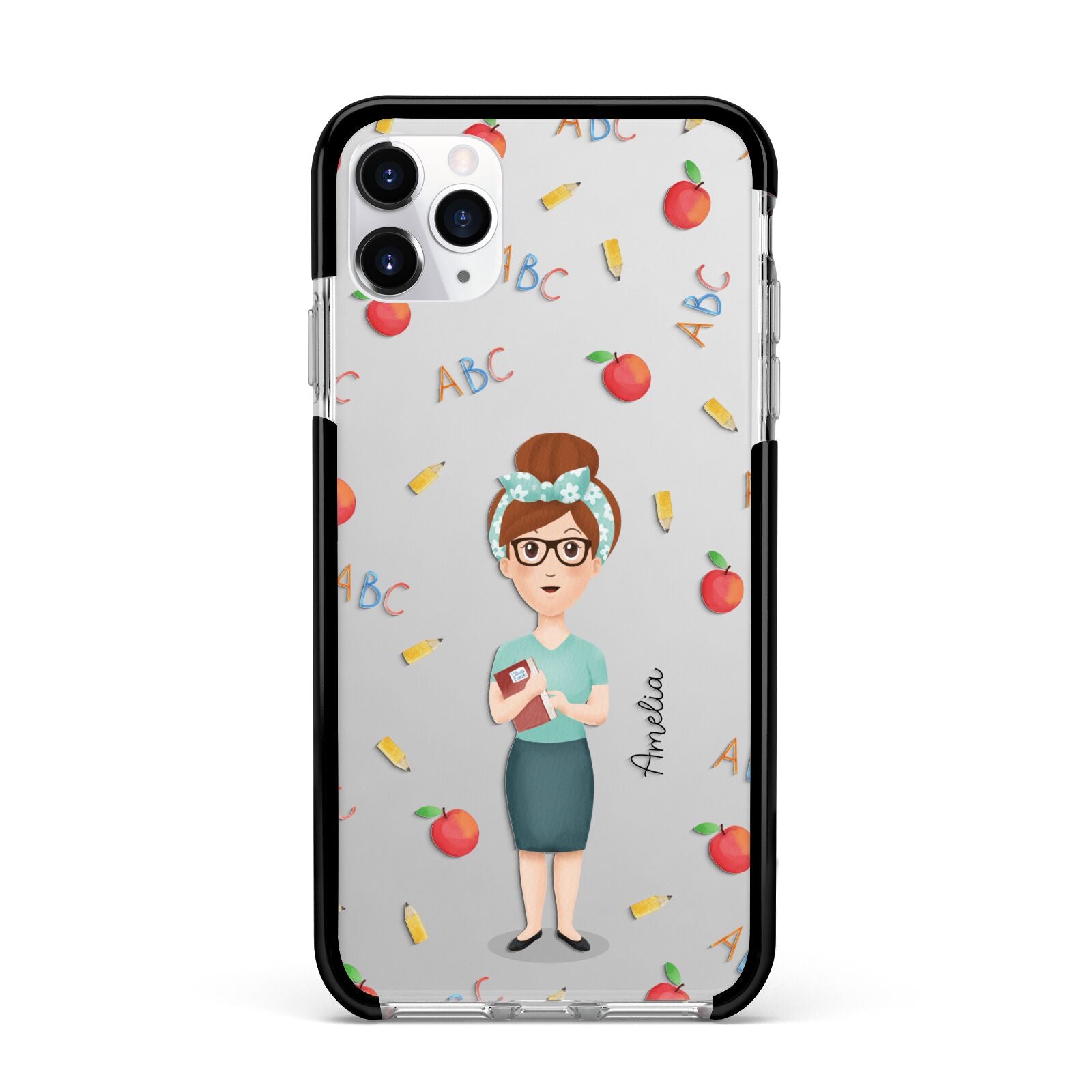 Personalised Teacher Cartoon Apple iPhone 11 Pro Max in Silver with Black Impact Case