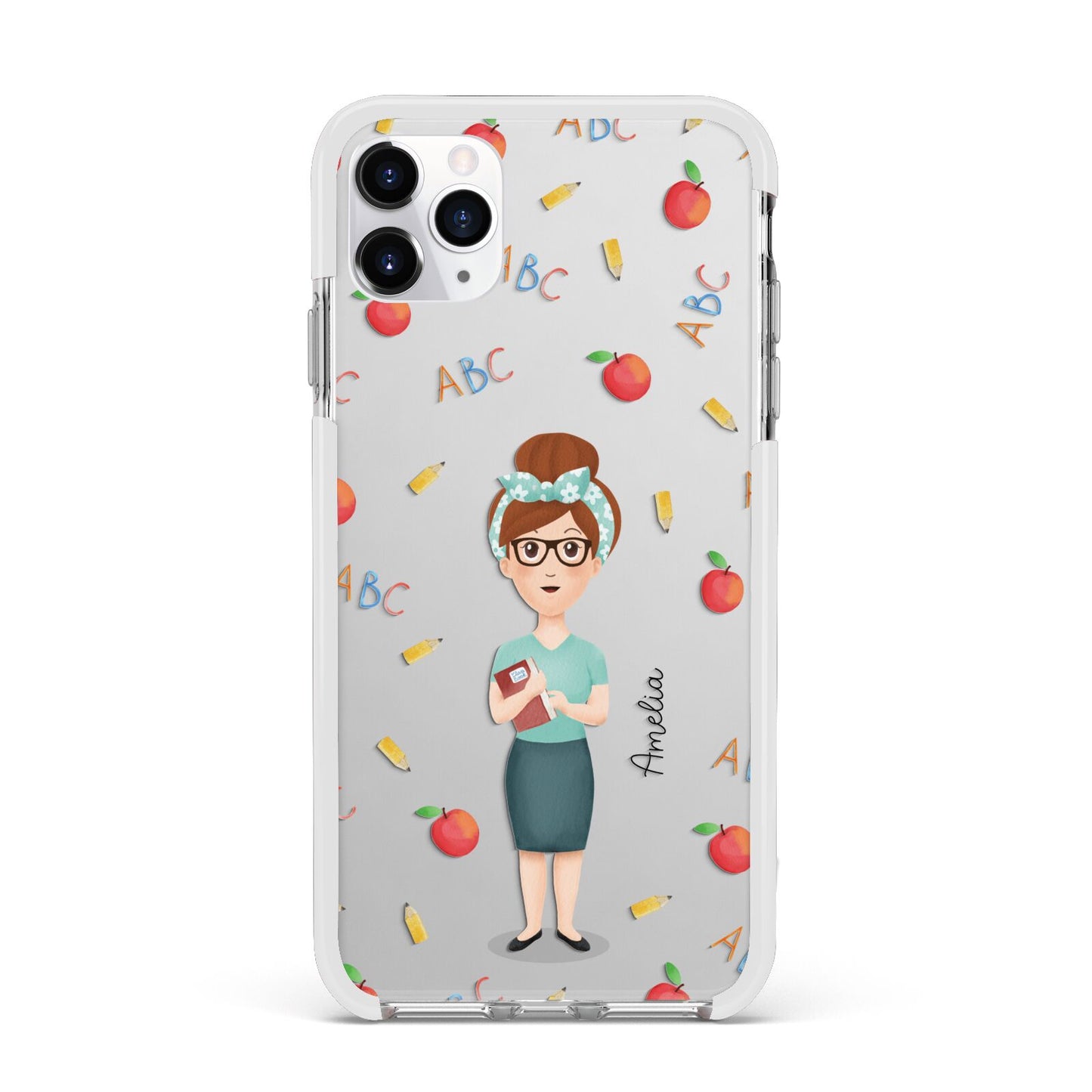 Personalised Teacher Cartoon Apple iPhone 11 Pro Max in Silver with White Impact Case