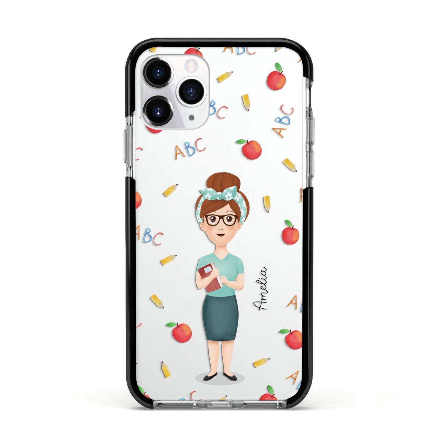 Personalised Teacher Cartoon Apple iPhone 11 Pro in Silver with Black Impact Case