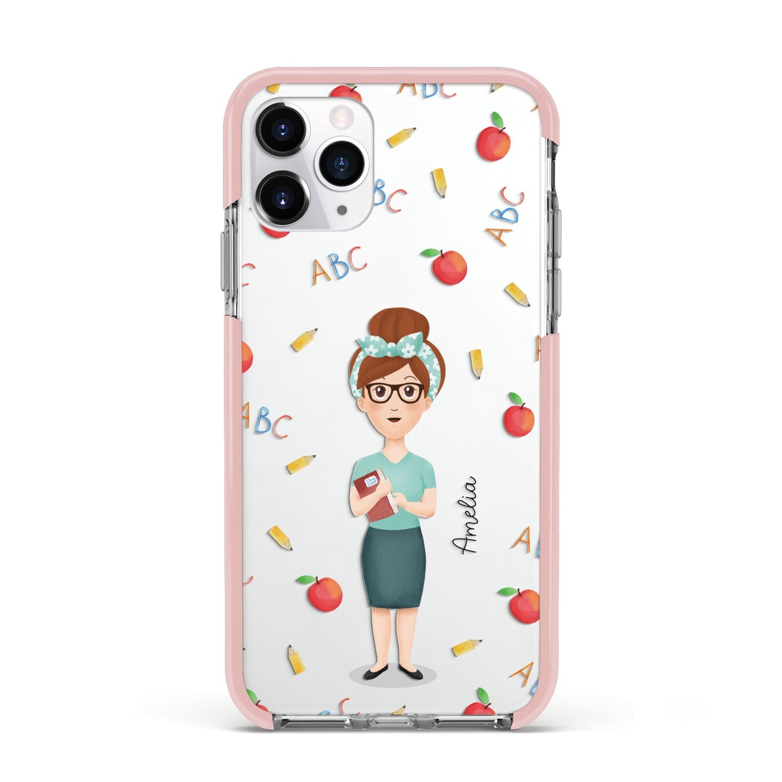 Personalised Teacher Cartoon Apple iPhone 11 Pro in Silver with Pink Impact Case