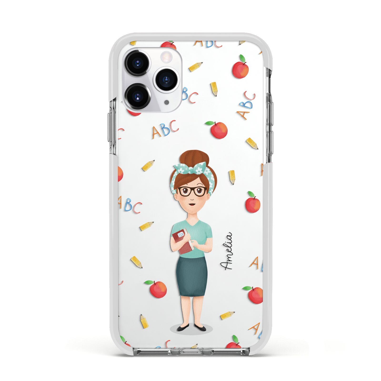 Personalised Teacher Cartoon Apple iPhone 11 Pro in Silver with White Impact Case